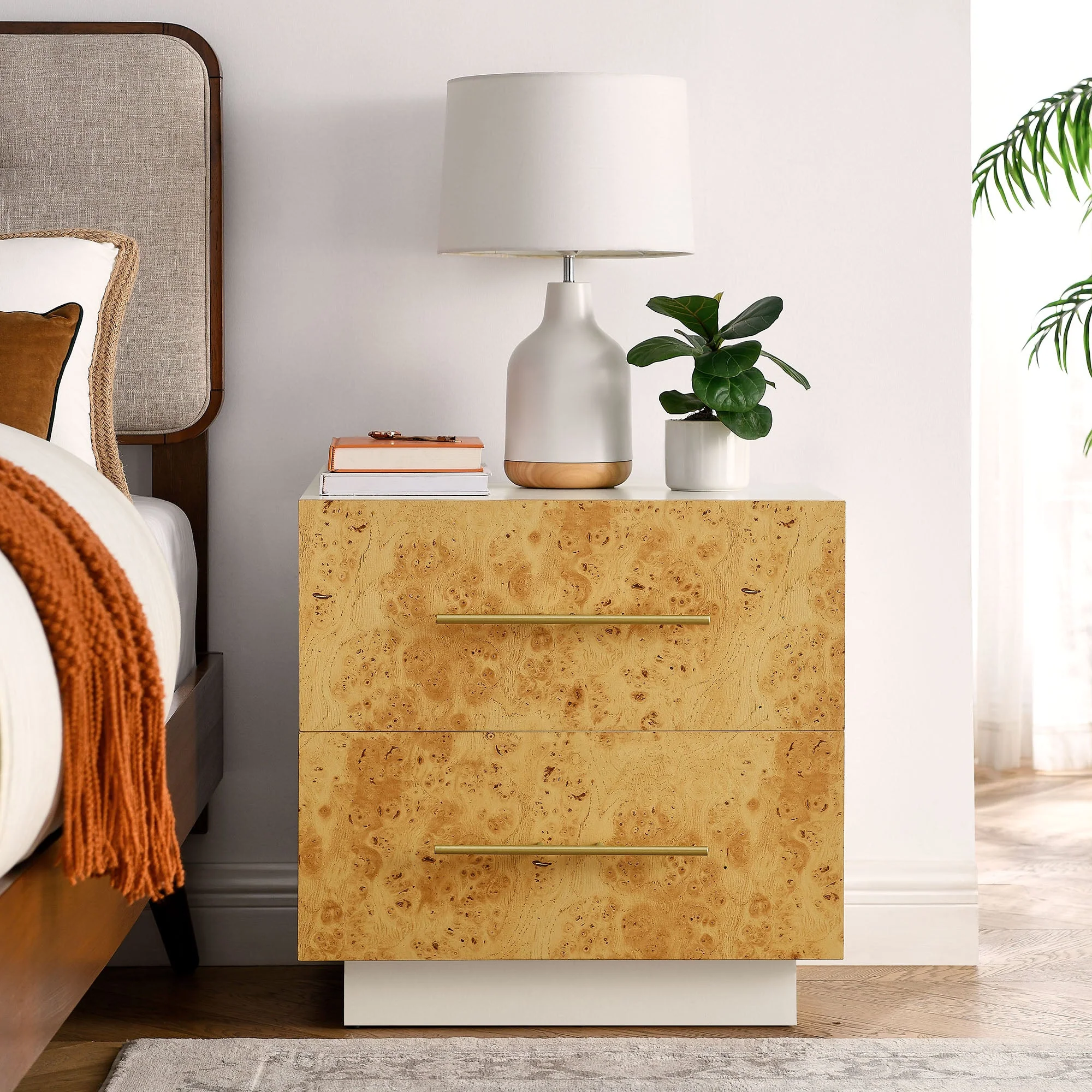 Abel 2-Drawer Burl Wood Nightstand in White Bleached Burl - Image 2