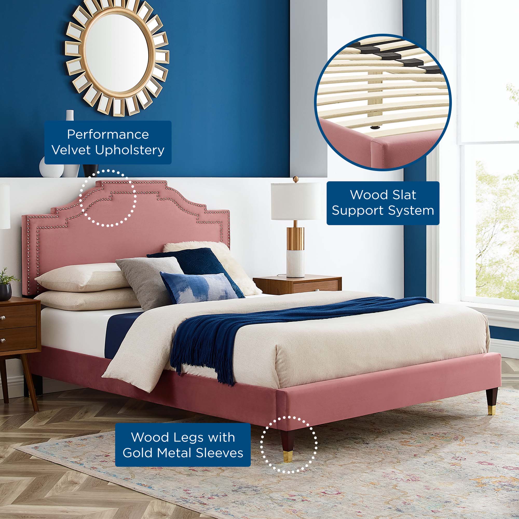 Adelaide Performance Velvet Platform Bed With Wood and Gold Metal Legs - Image 13