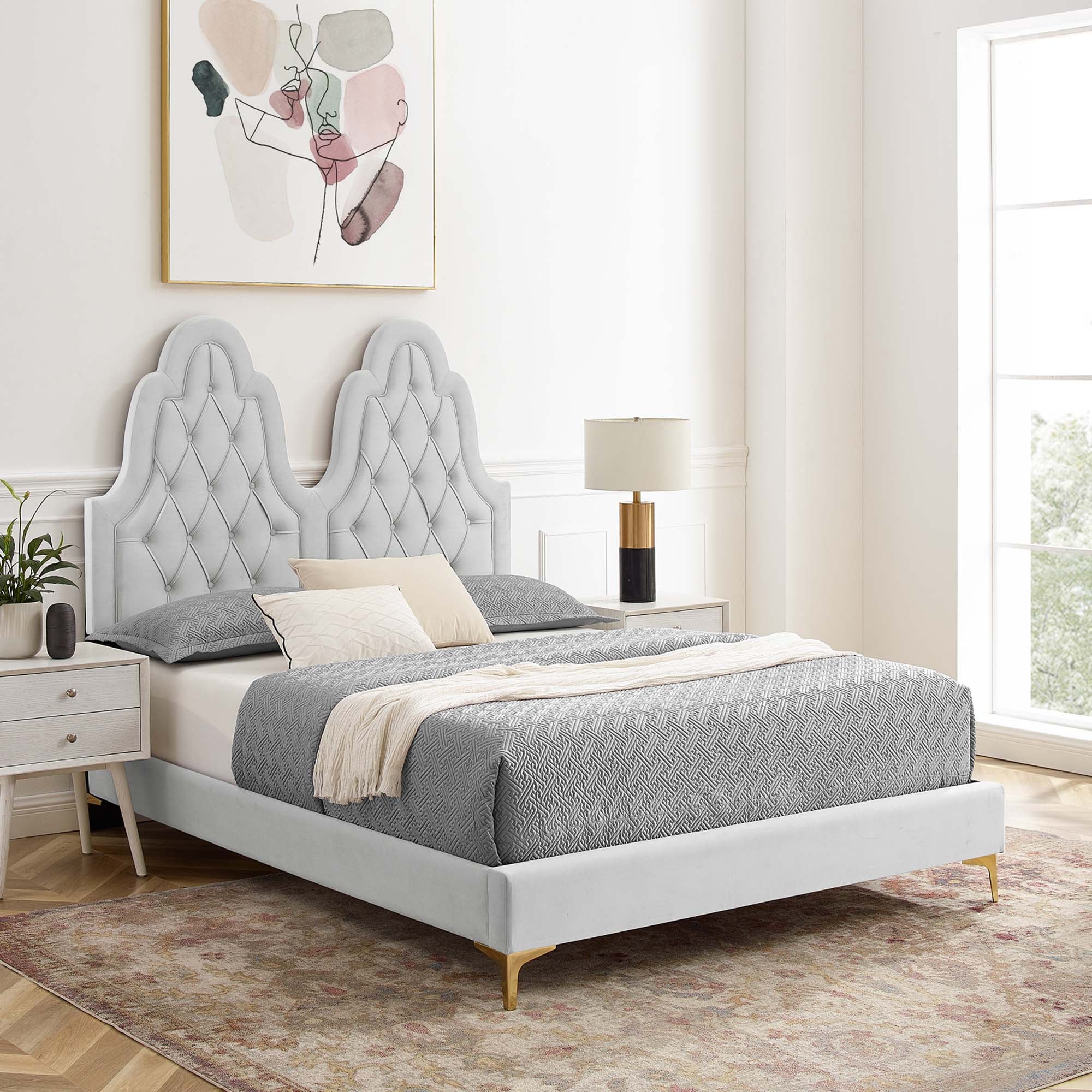 Alexandria Tufted Performance Velvet Platform Bed With Gold Legs - Image 11
