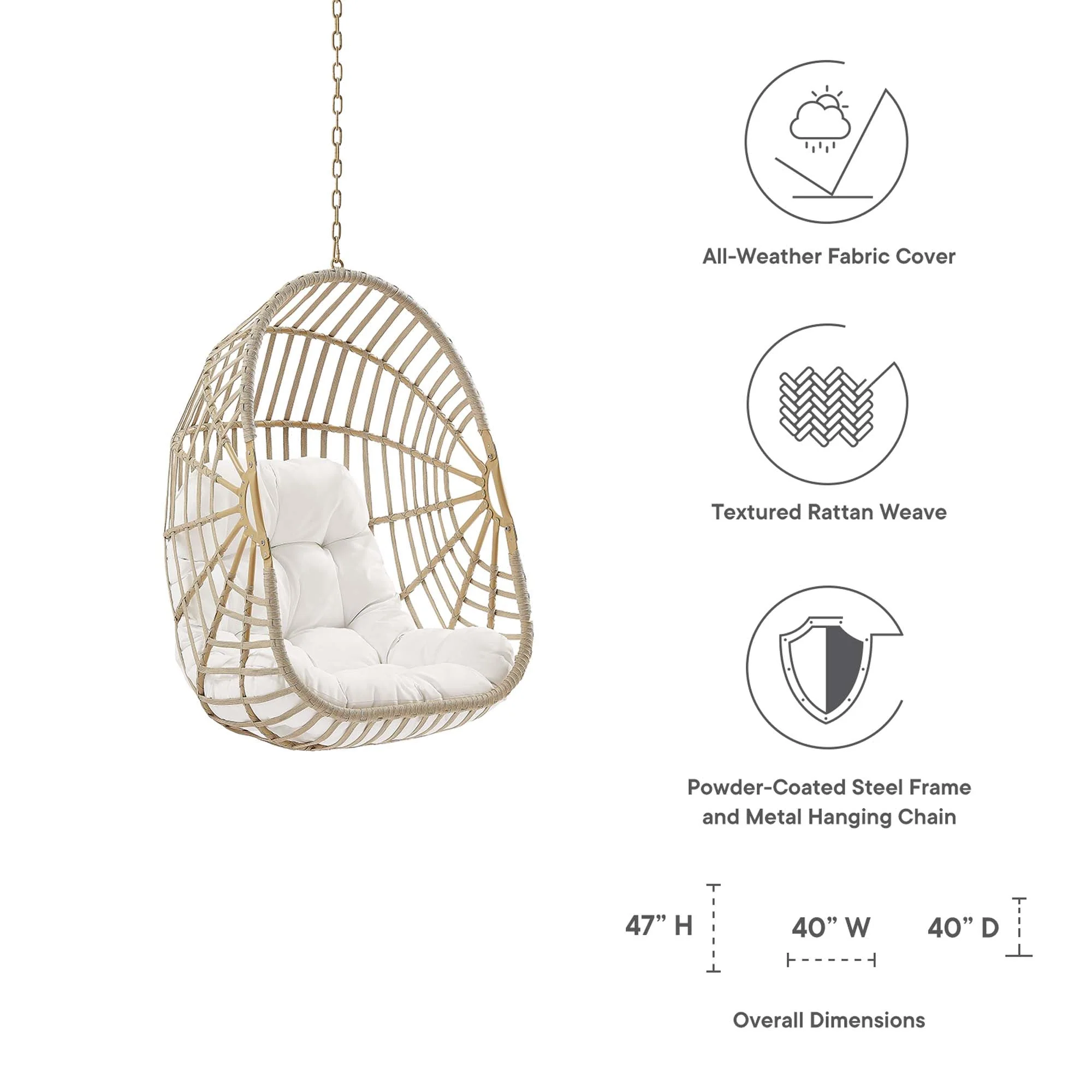 Amalie Wicker Rattan Outdoor Patio Rattan Swing Chair without Stand in Natural White - Image 3