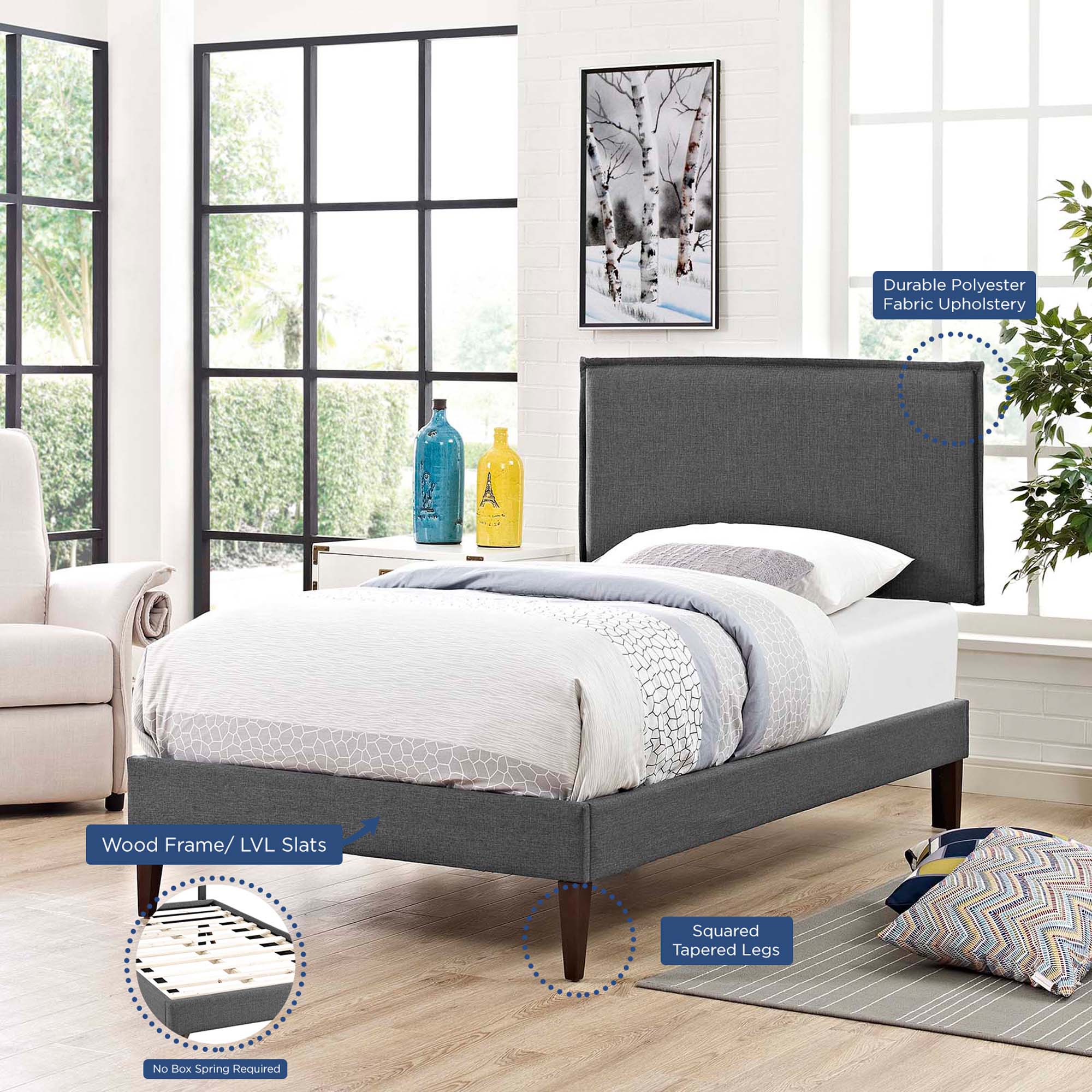 Amaris Fabric Platform Bed with Squared Tapered Legs - Image 5