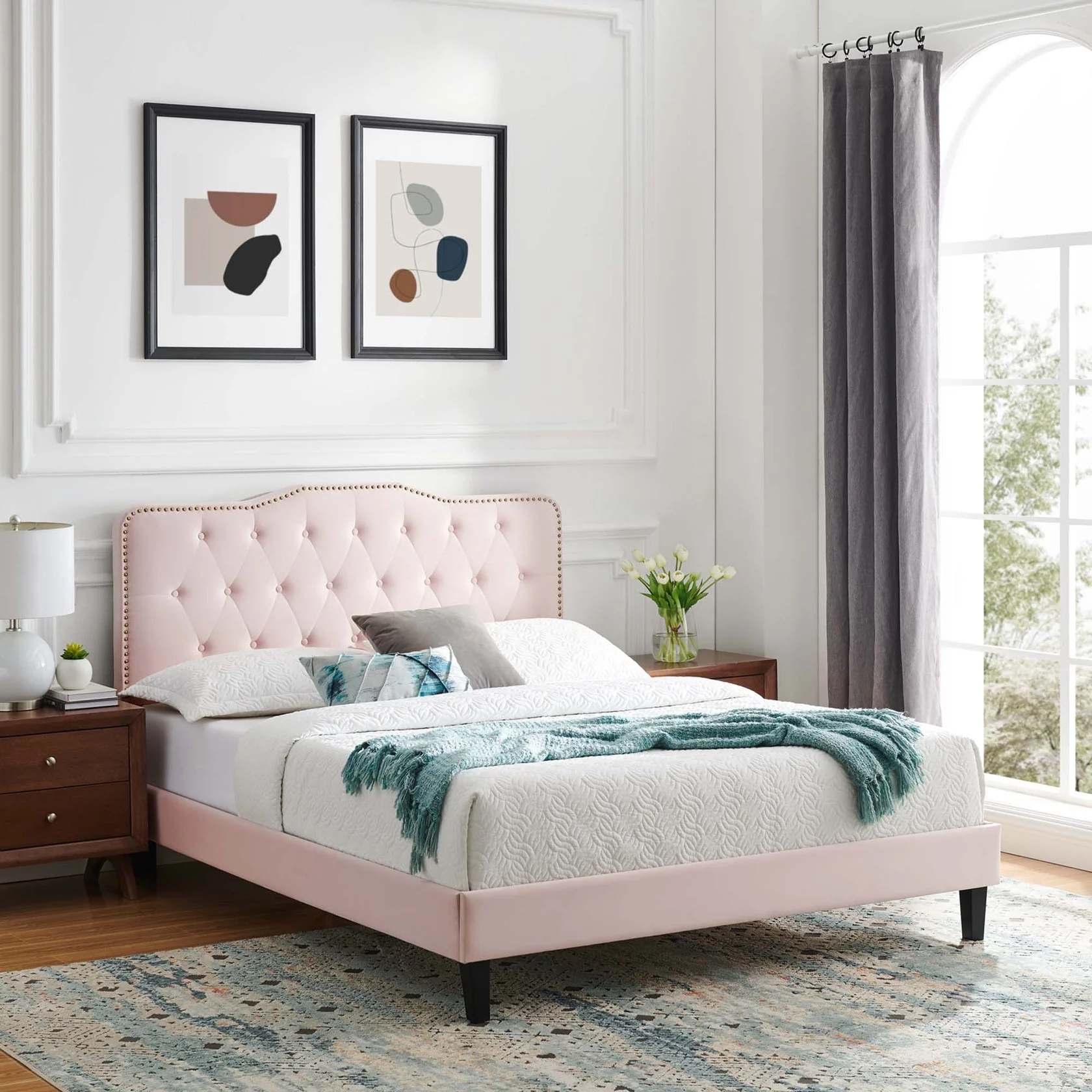 Amber Performance Velvet Platform Bed With Black Wood Legs - Image 14