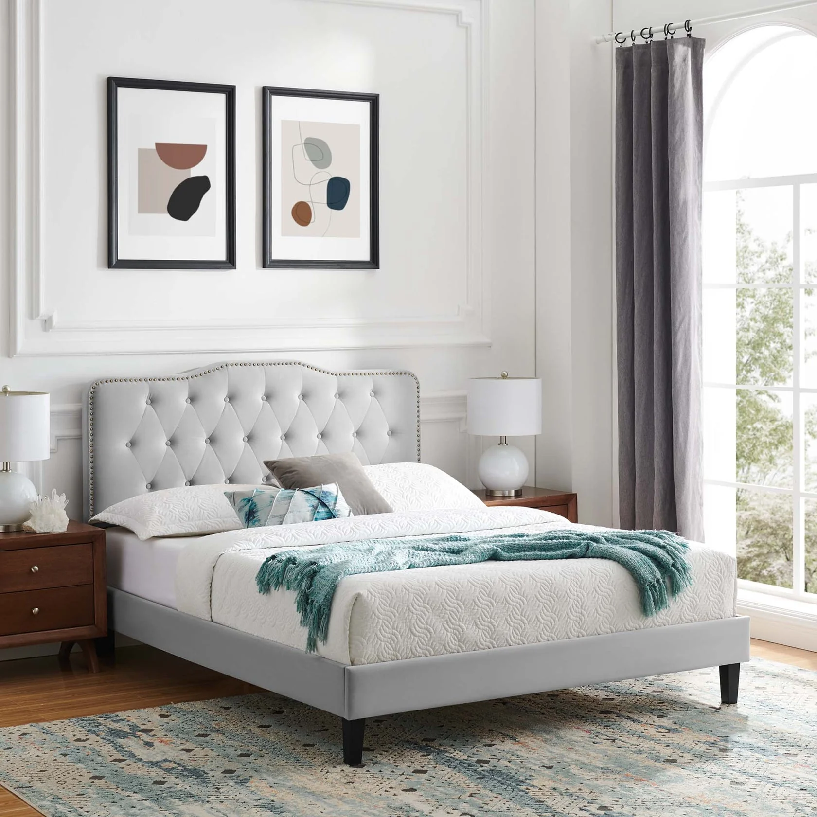 Amber Performance Velvet Platform Bed With Black Wood Legs - Image 28