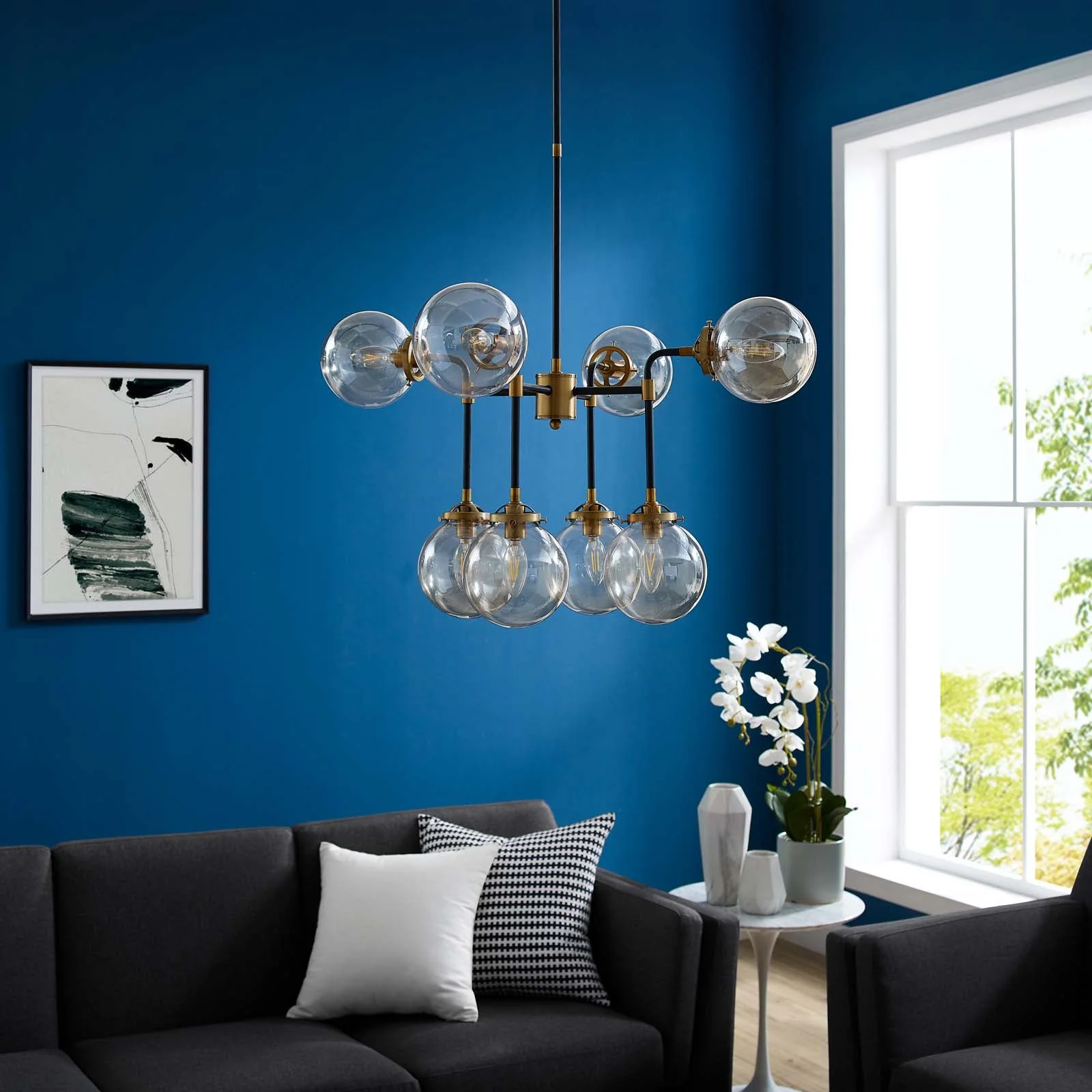 Ambition Amber Glass And Antique Brass 8 Light Pendant Chandelier - Image 4