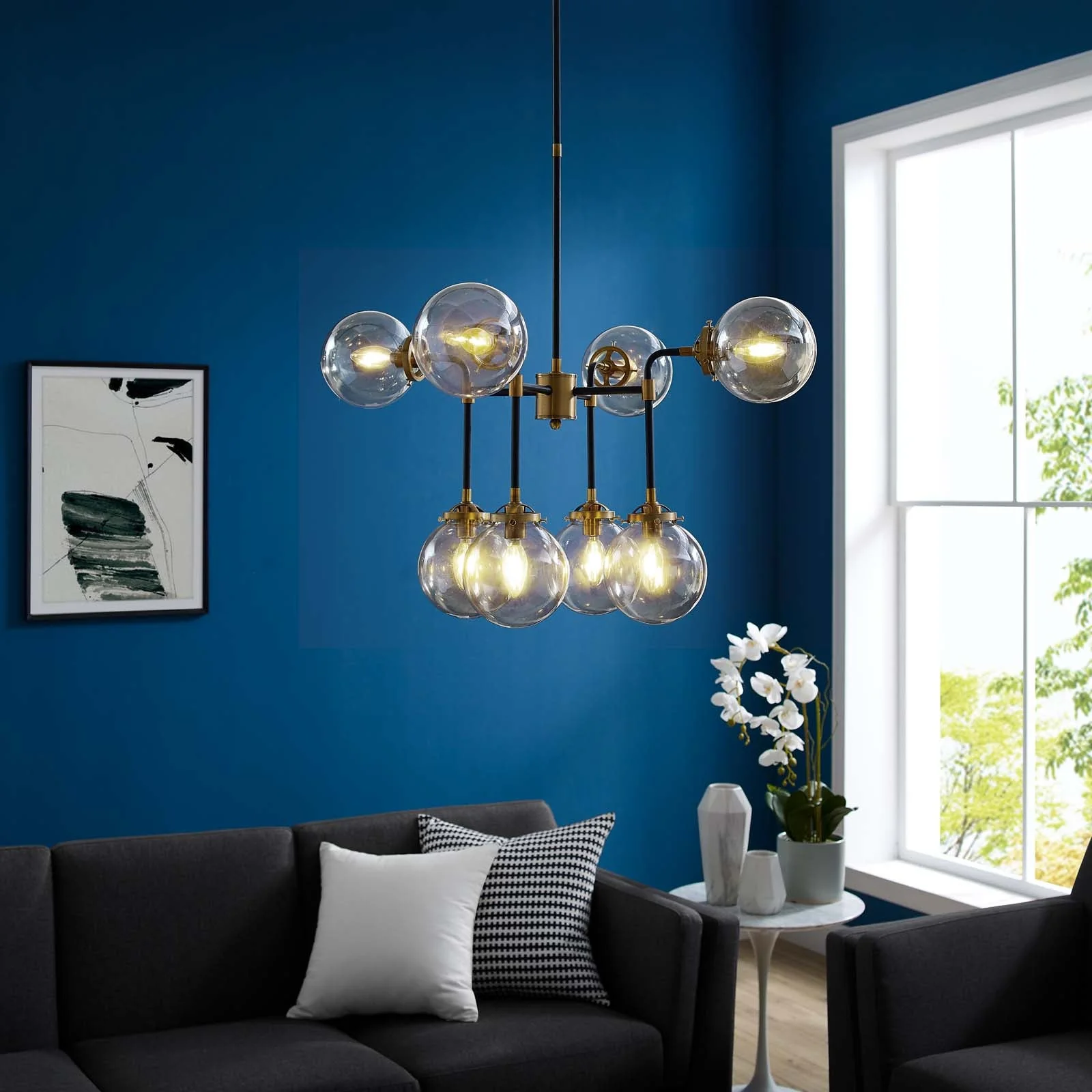 Ambition Amber Glass And Antique Brass 8 Light Pendant Chandelier - Image 5