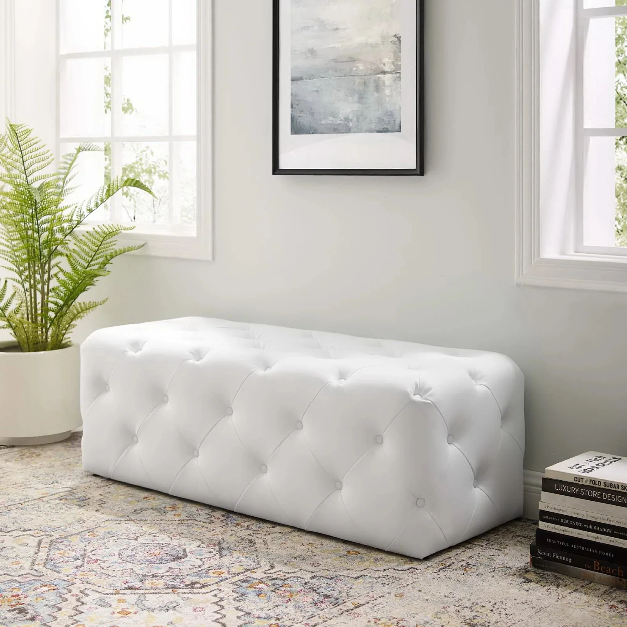 Amour 48" Tufted Button Entryway Faux Leather Bench in White - Image 2