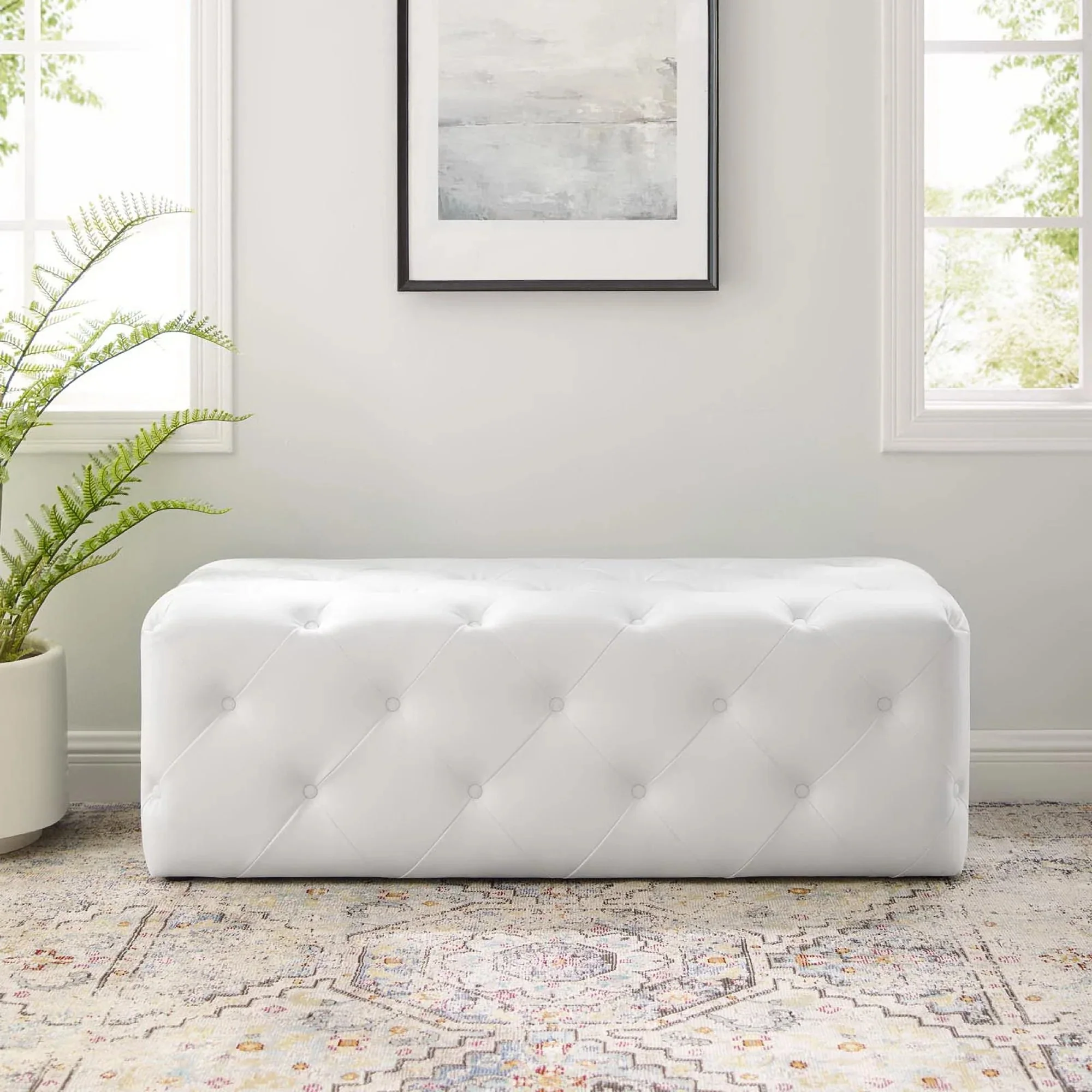 Amour 48" Tufted Button Entryway Faux Leather Bench in White - Image 3