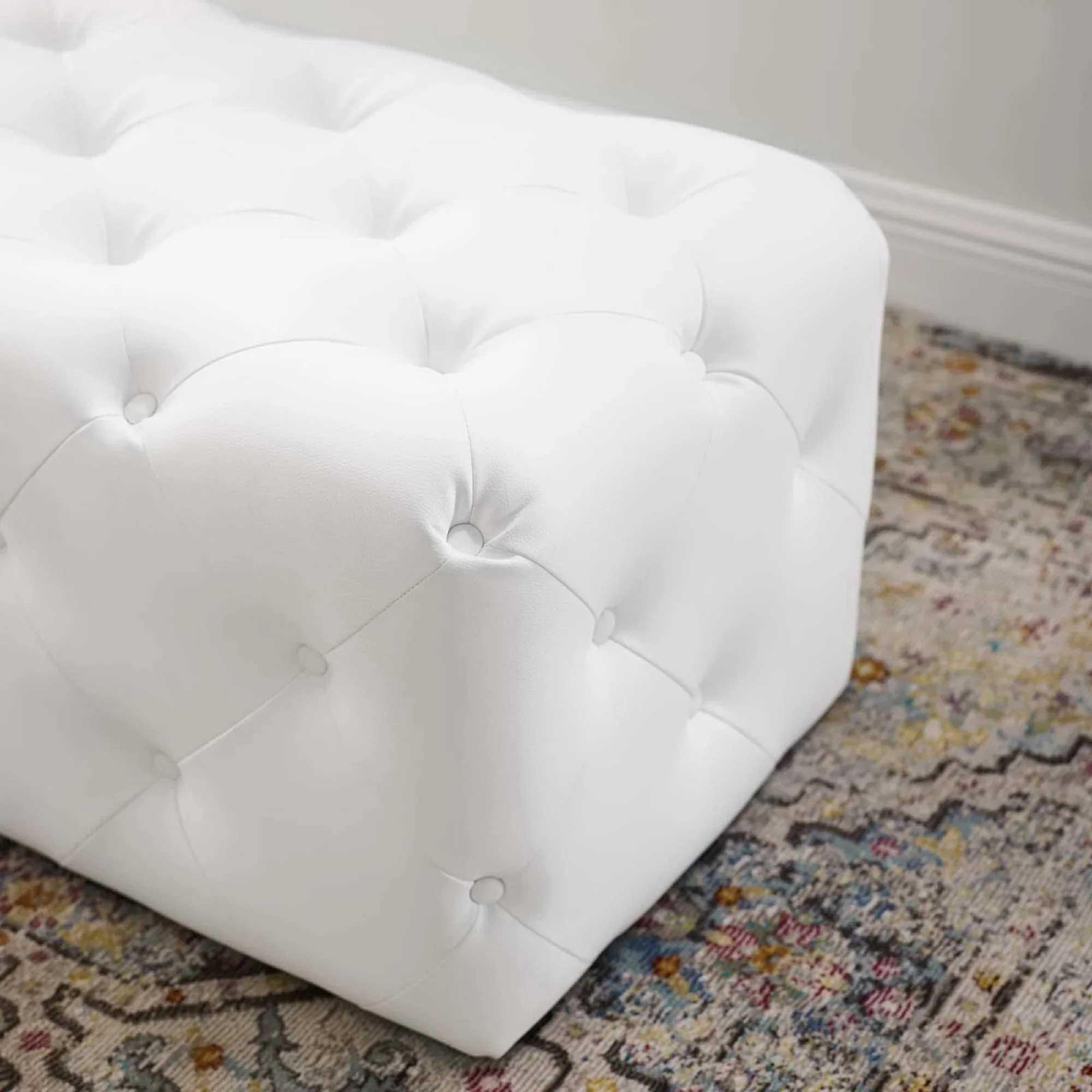 Amour 48" Tufted Button Entryway Faux Leather Bench in White - Image 5