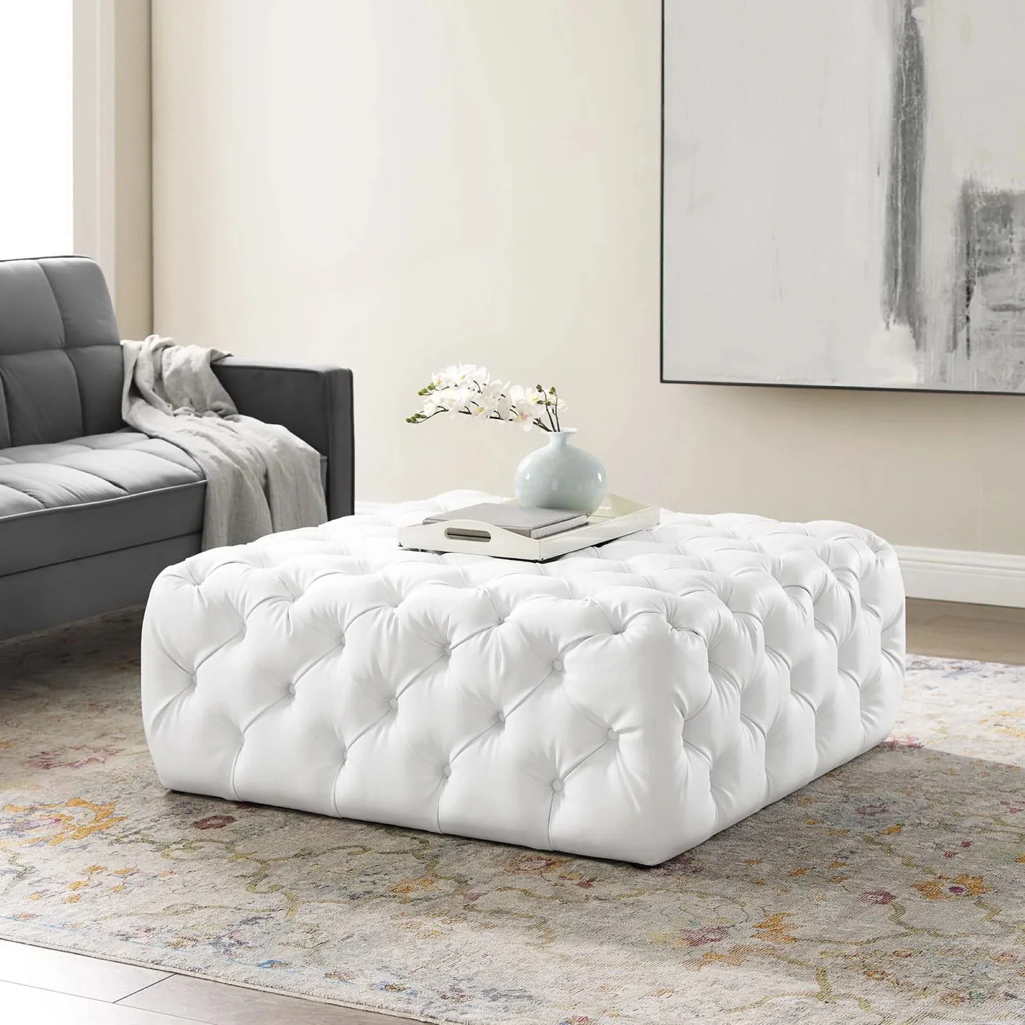 Amour Tufted Button Large Square Faux Leather Ottoman in White - Image 2
