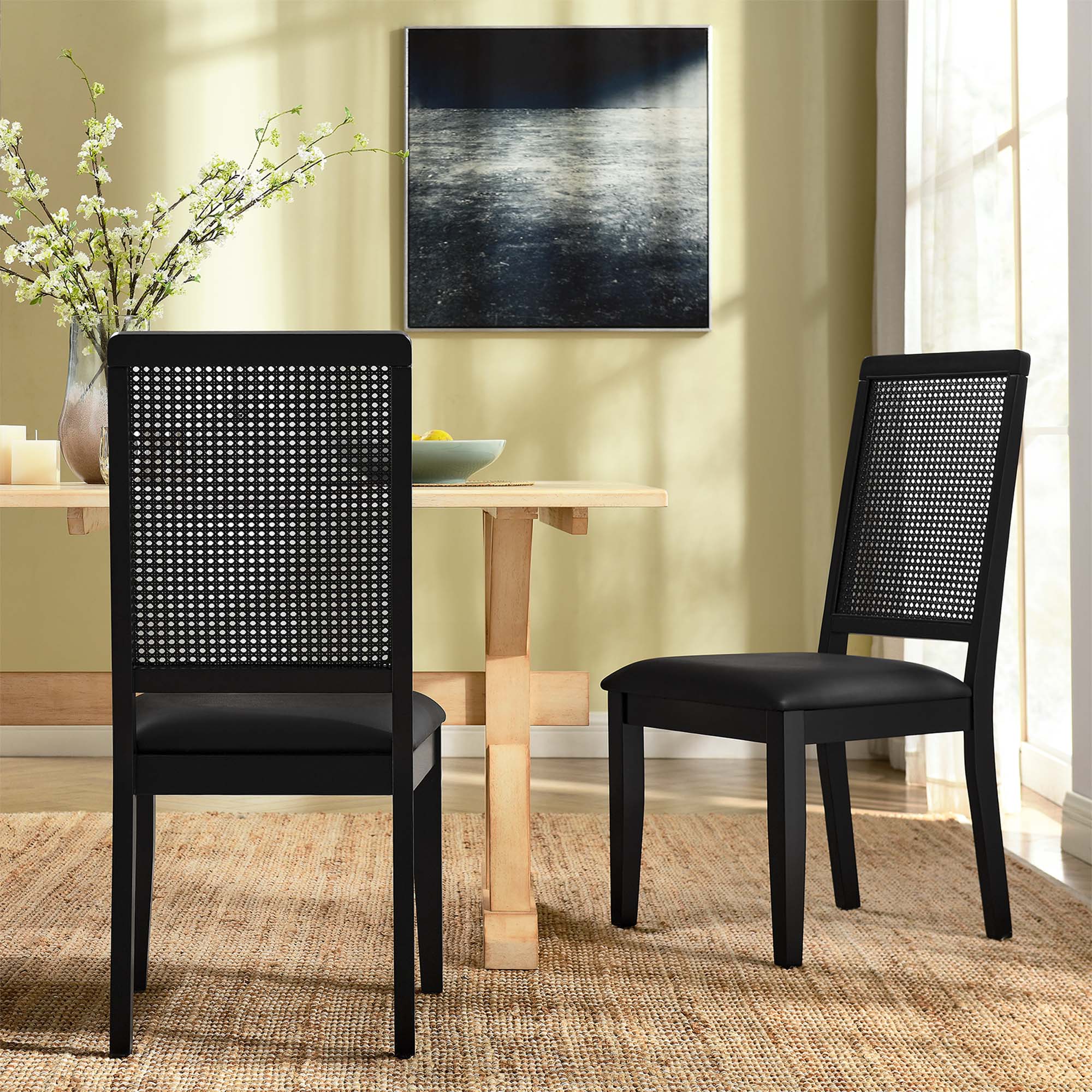 Arlo Vegan Leather Upholstered Faux Rattan and Wood Dining Side Chairs Set of 2 - Image 12