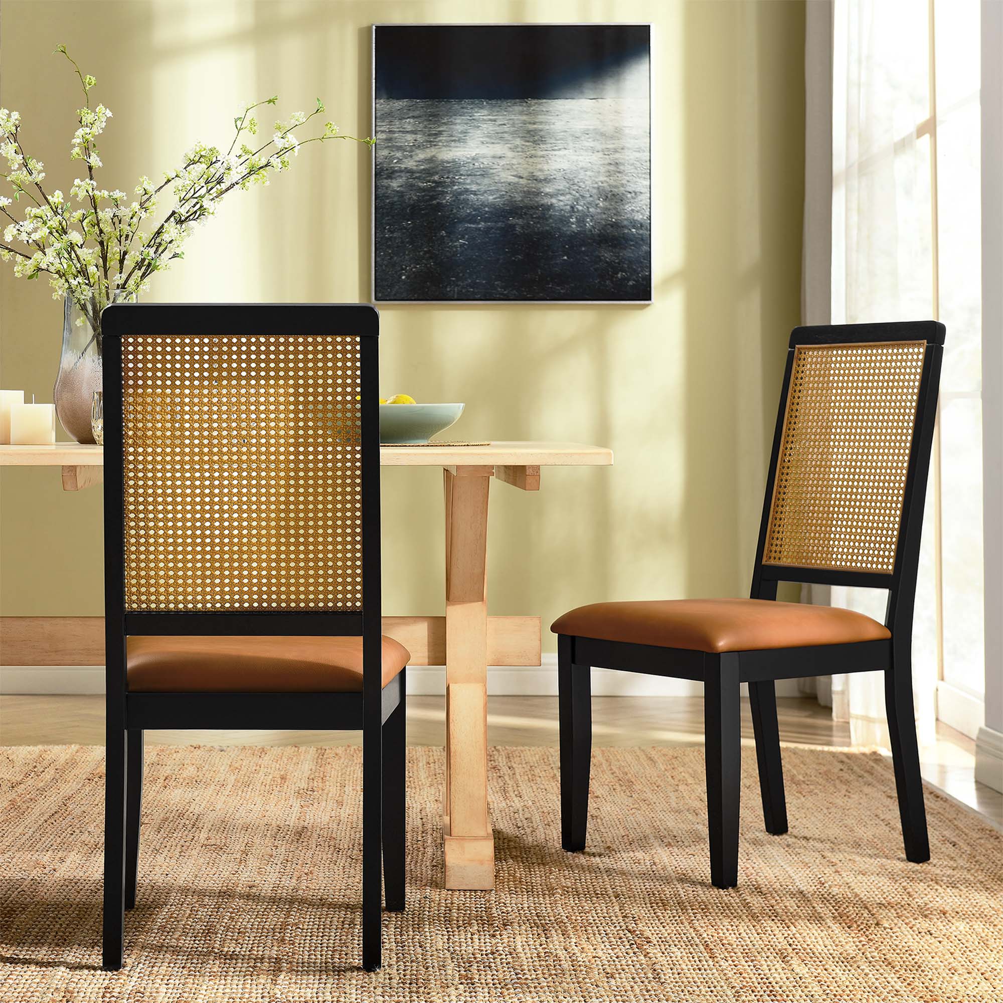 Arlo Vegan Leather Upholstered Faux Rattan and Wood Dining Side Chairs Set of 2 - Image 2
