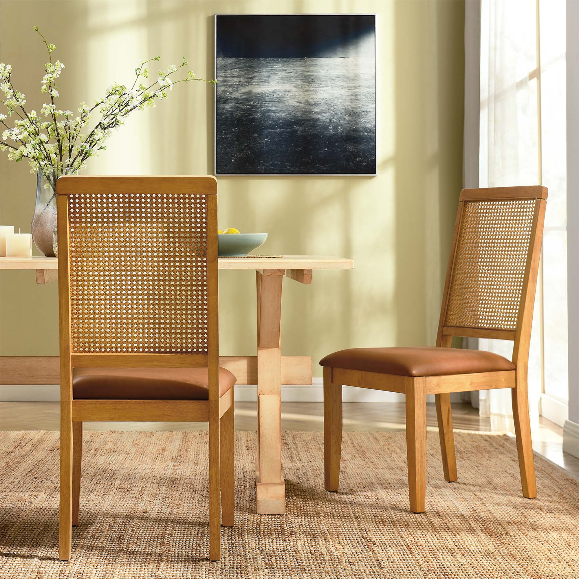 Arlo Vegan Leather Upholstered Faux Rattan and Wood Dining Side Chairs Set of 2 - Image 22