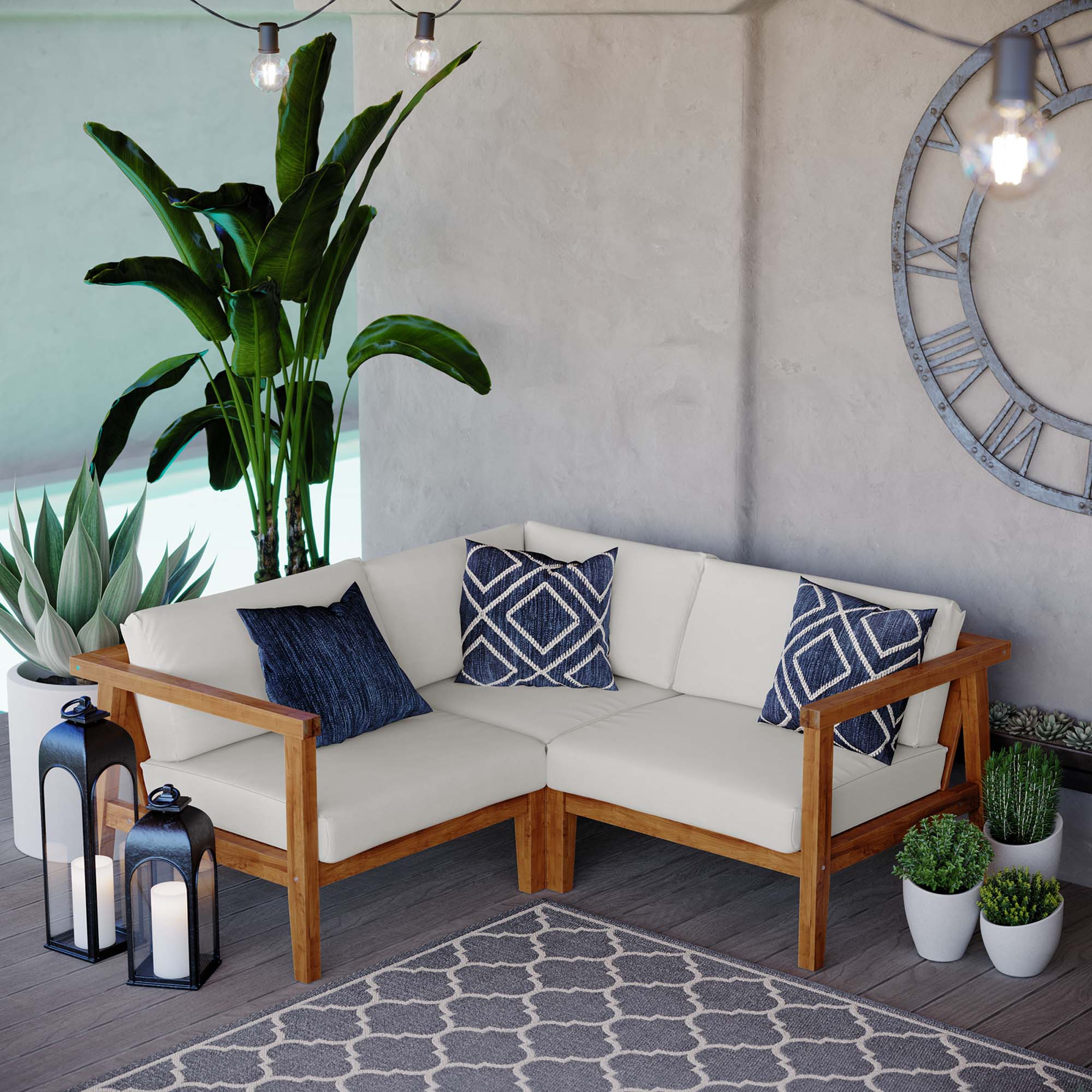 Bayport 3-Piece Outdoor Patio Teak Wood Sectional Sofa Set in Natural White - Image 2