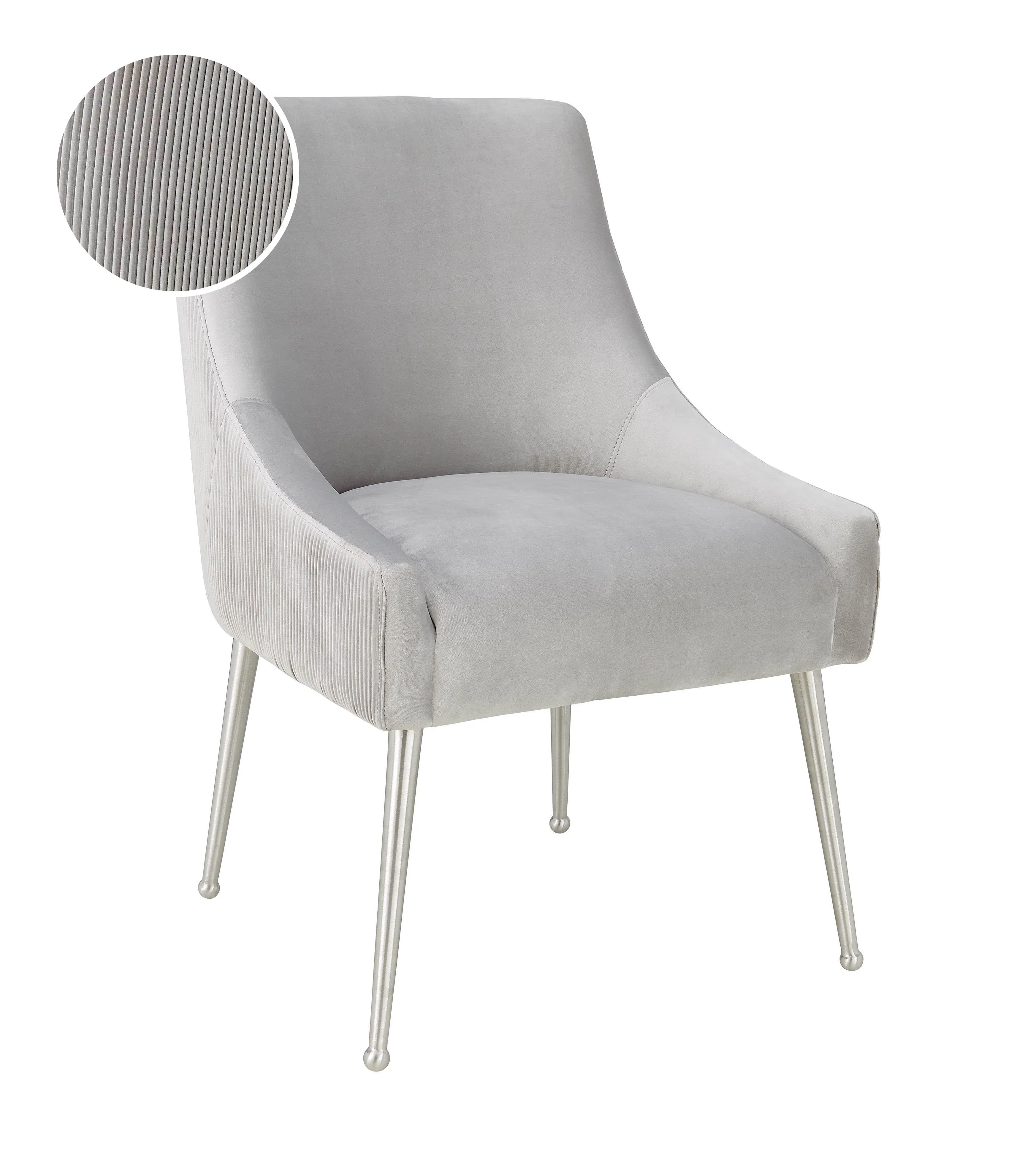 Beatrix Pleated Light Grey Performance Velvet Dining Chair - Silver Legs