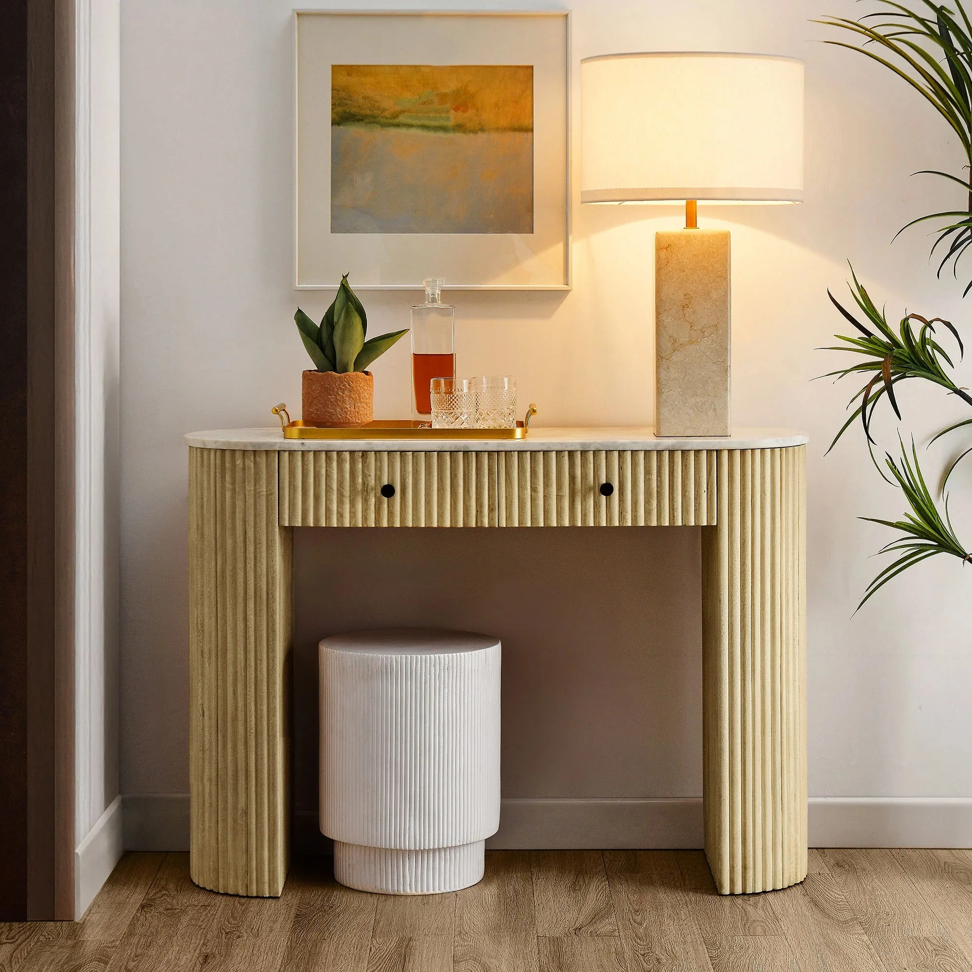 Caldera 42" Curved Solid Wood and Marble Console Table in Natural - Image 3