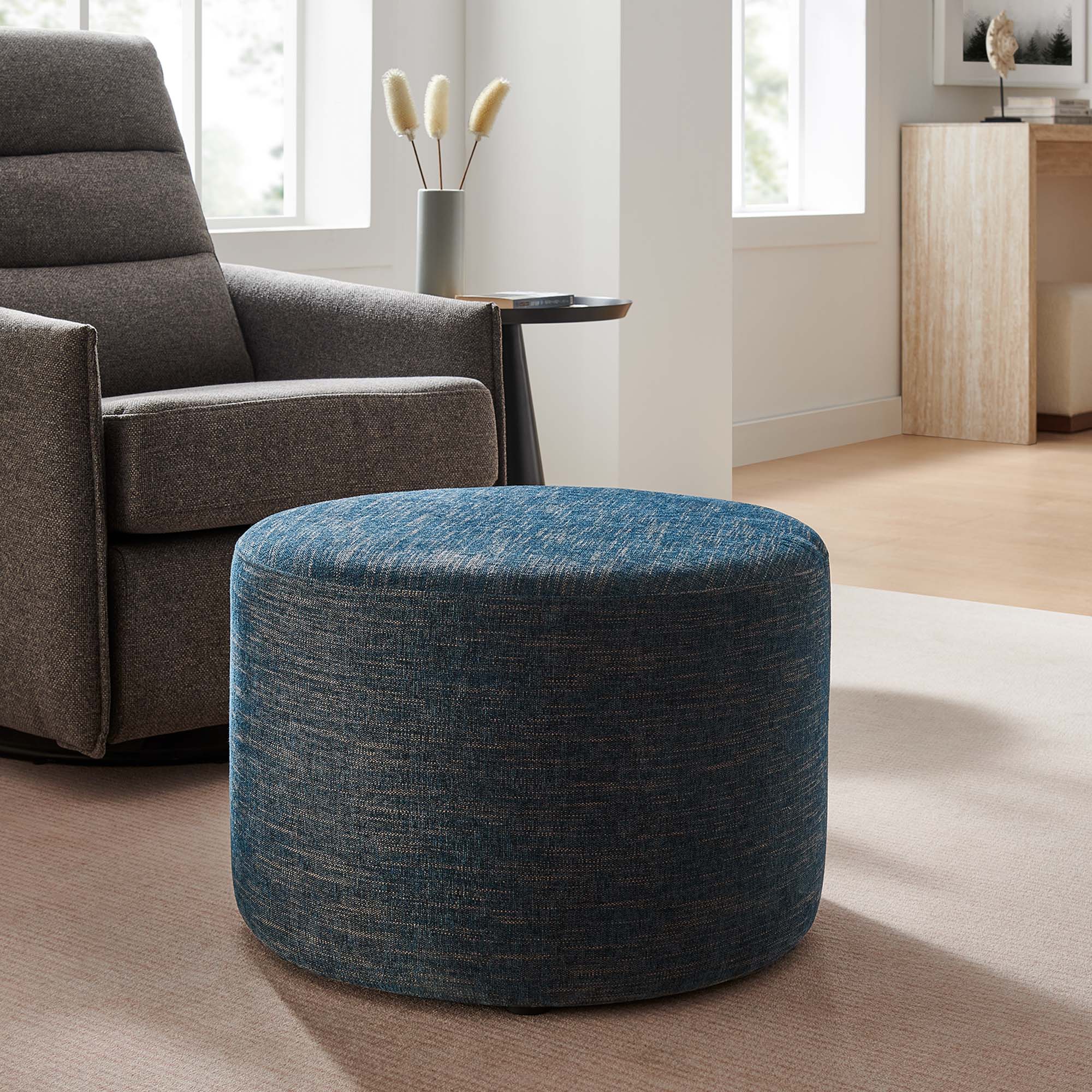 Callum Large Round Woven Heathered Fabric Upholstered Ottoman - Image 10