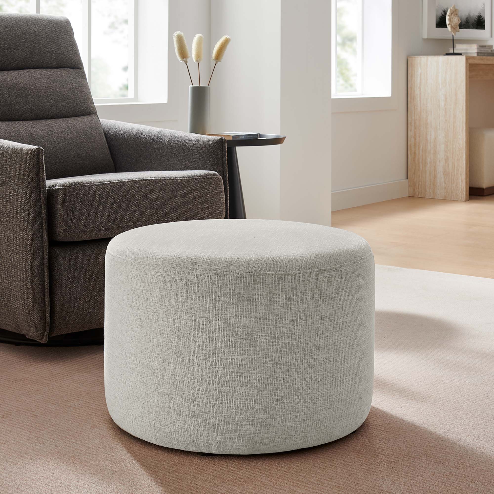 Callum Large Round Woven Heathered Fabric Upholstered Ottoman - Image 2