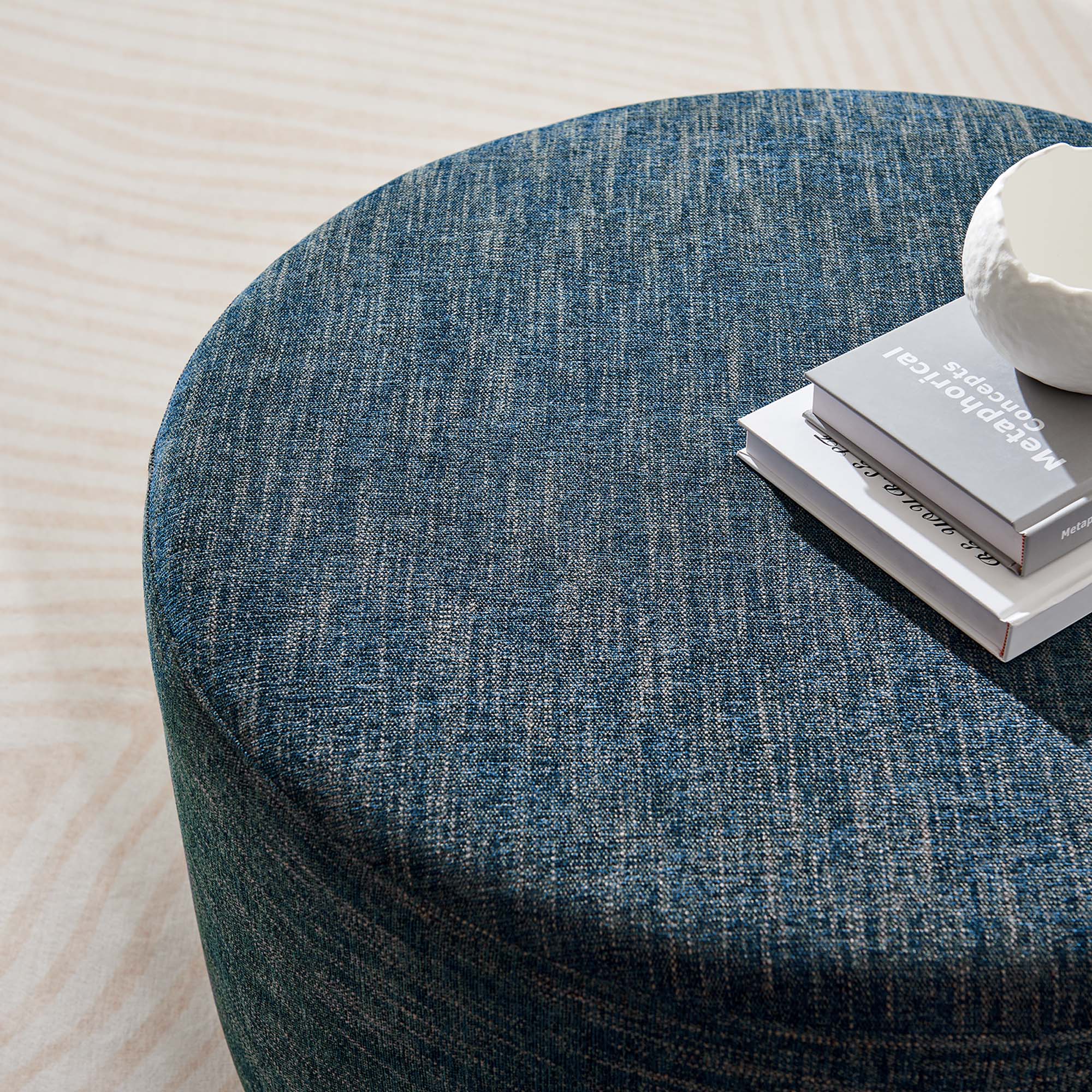 Callum Large Round Woven Heathered Fabric Upholstered Ottoman - Image 10
