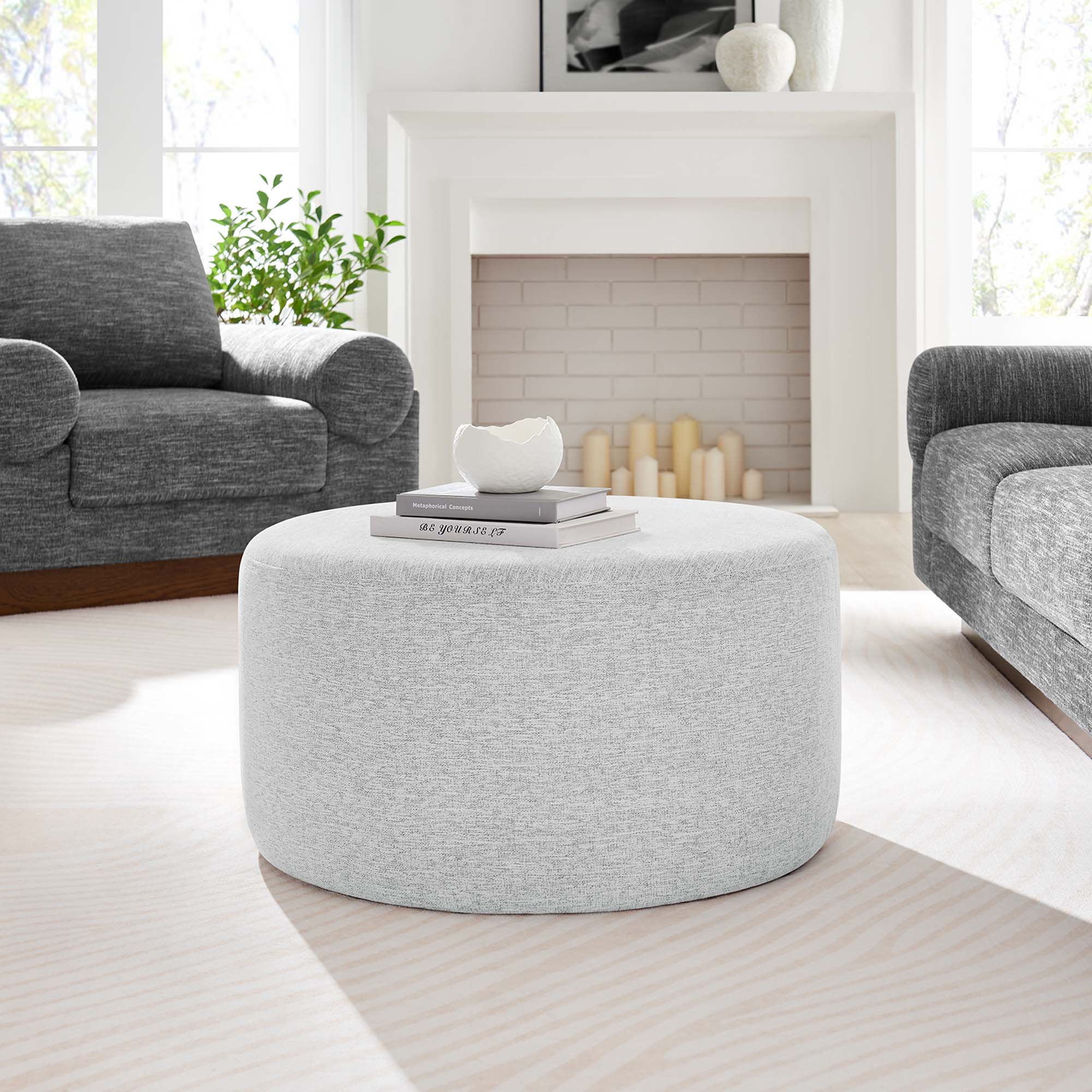 Callum Large Round Woven Heathered Fabric Upholstered Ottoman - Image 16