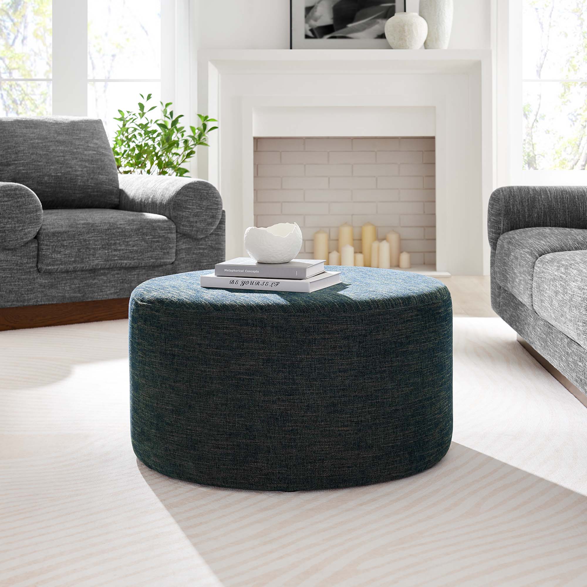 Callum Large Round Woven Heathered Fabric Upholstered Ottoman - Image 9