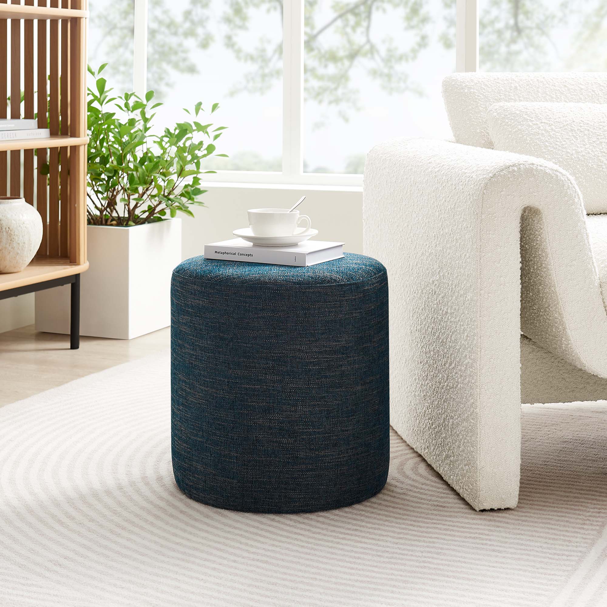 Callum Round Woven Heathered Fabric Upholstered Ottoman - Image 2