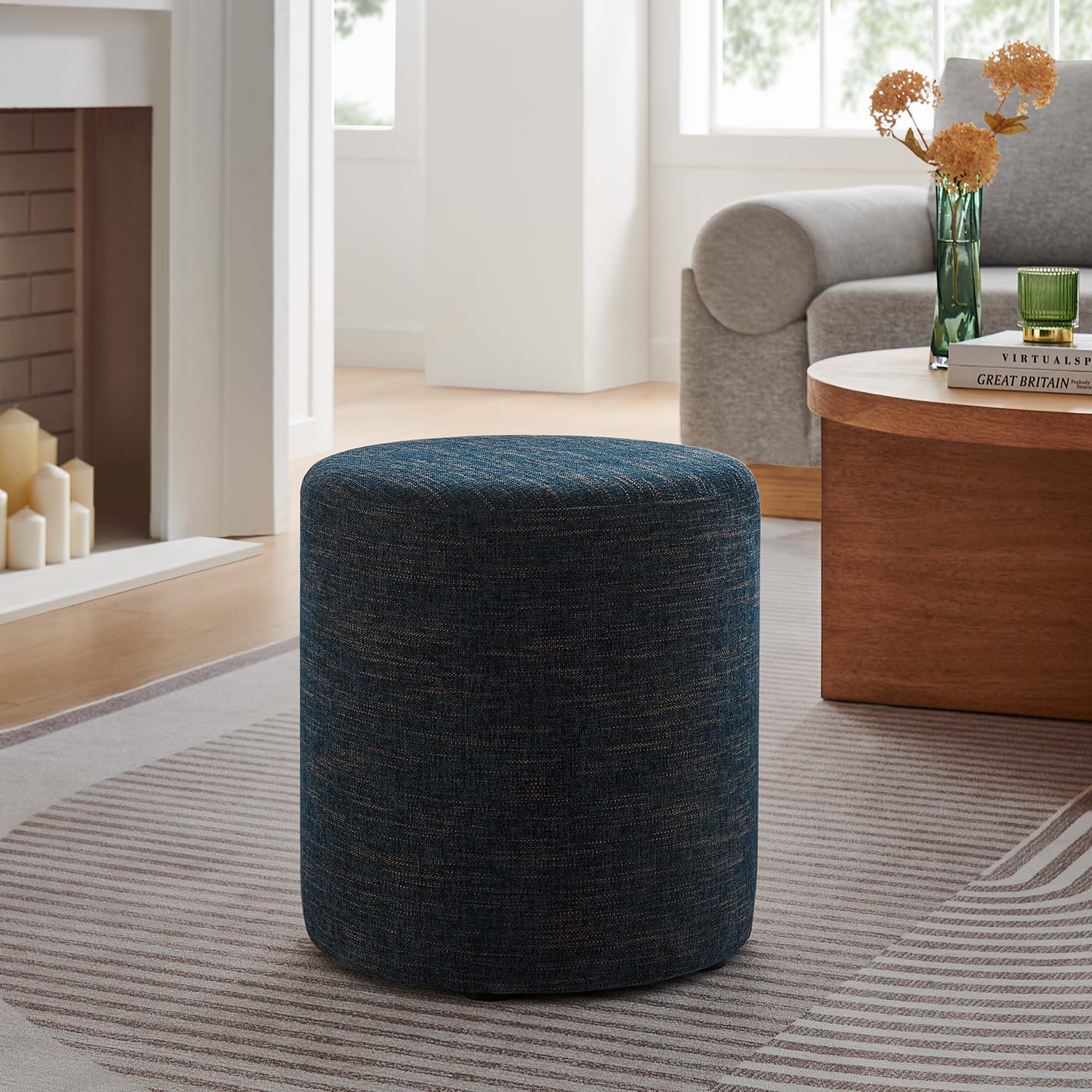 Callum Round Woven Heathered Fabric Upholstered Ottoman - Image 3