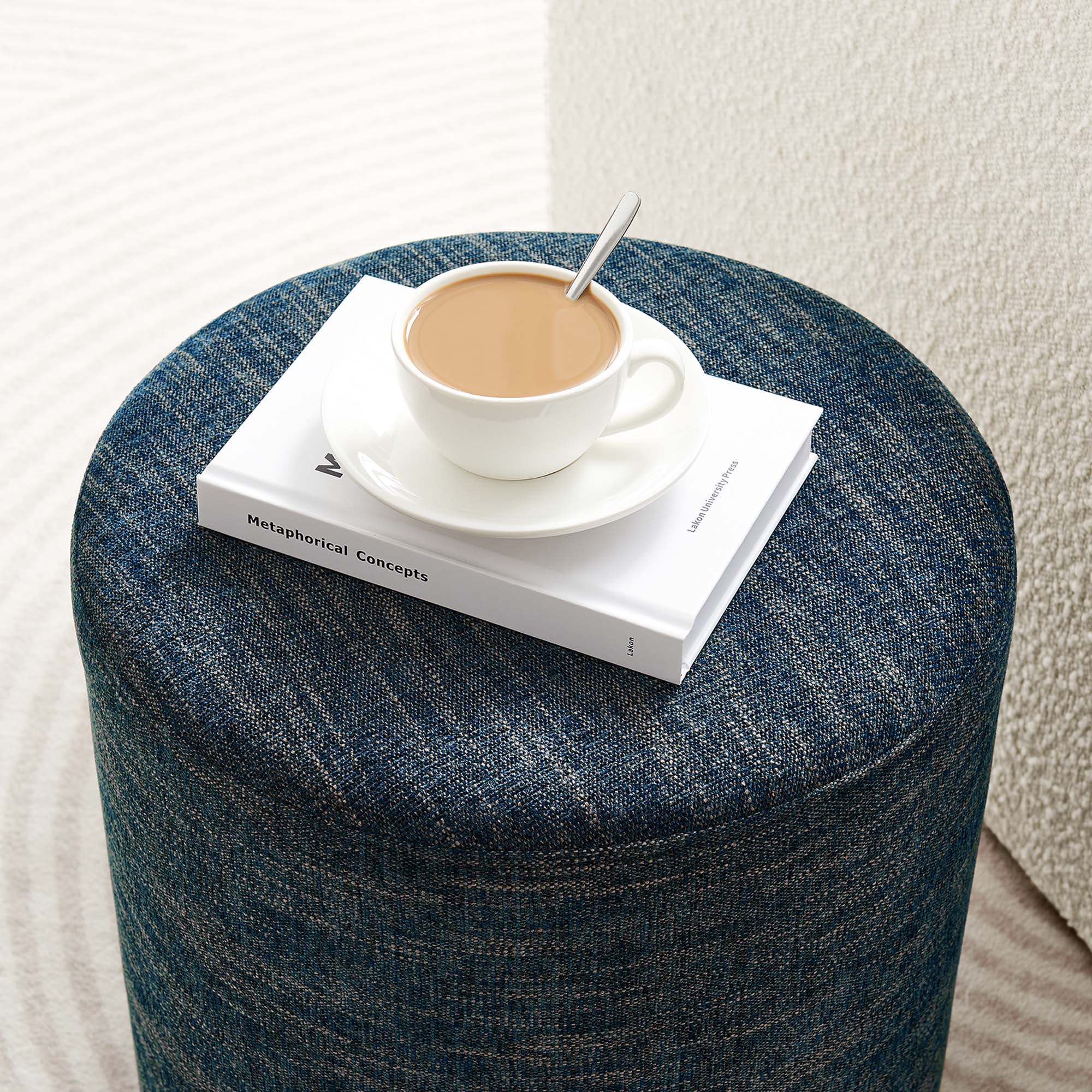 Callum Round Woven Heathered Fabric Upholstered Ottoman - Image 4