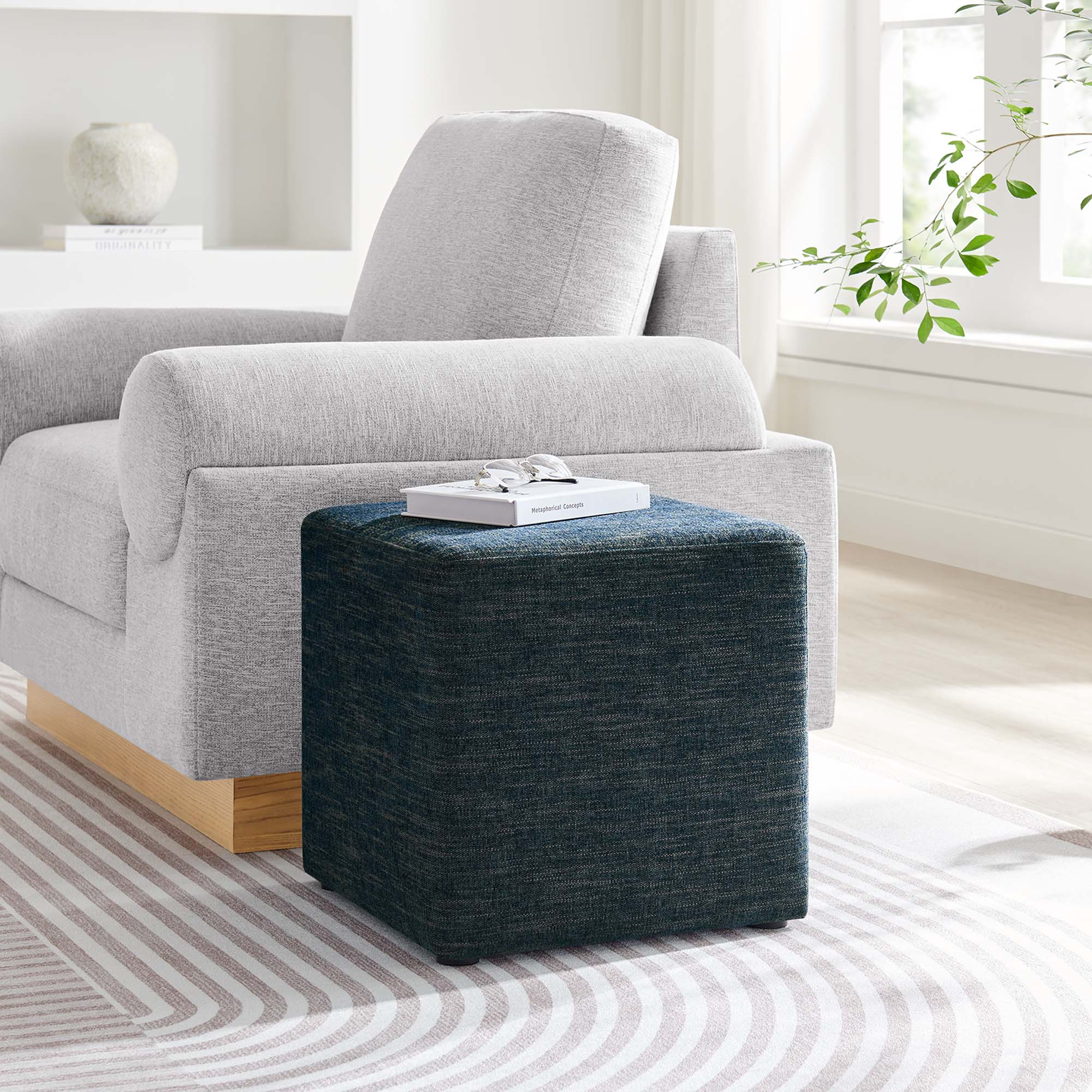 Callum Square Woven Heathered Fabric Upholstered Ottoman - Image 2