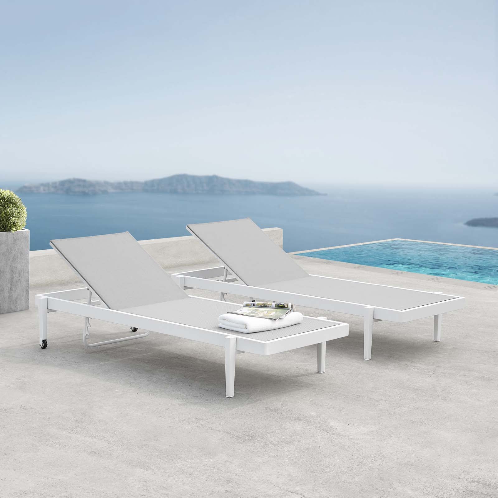 Charleston Outdoor Patio Aluminum Chaise Lounge Chair Set of 2 in White Gray - Image 2