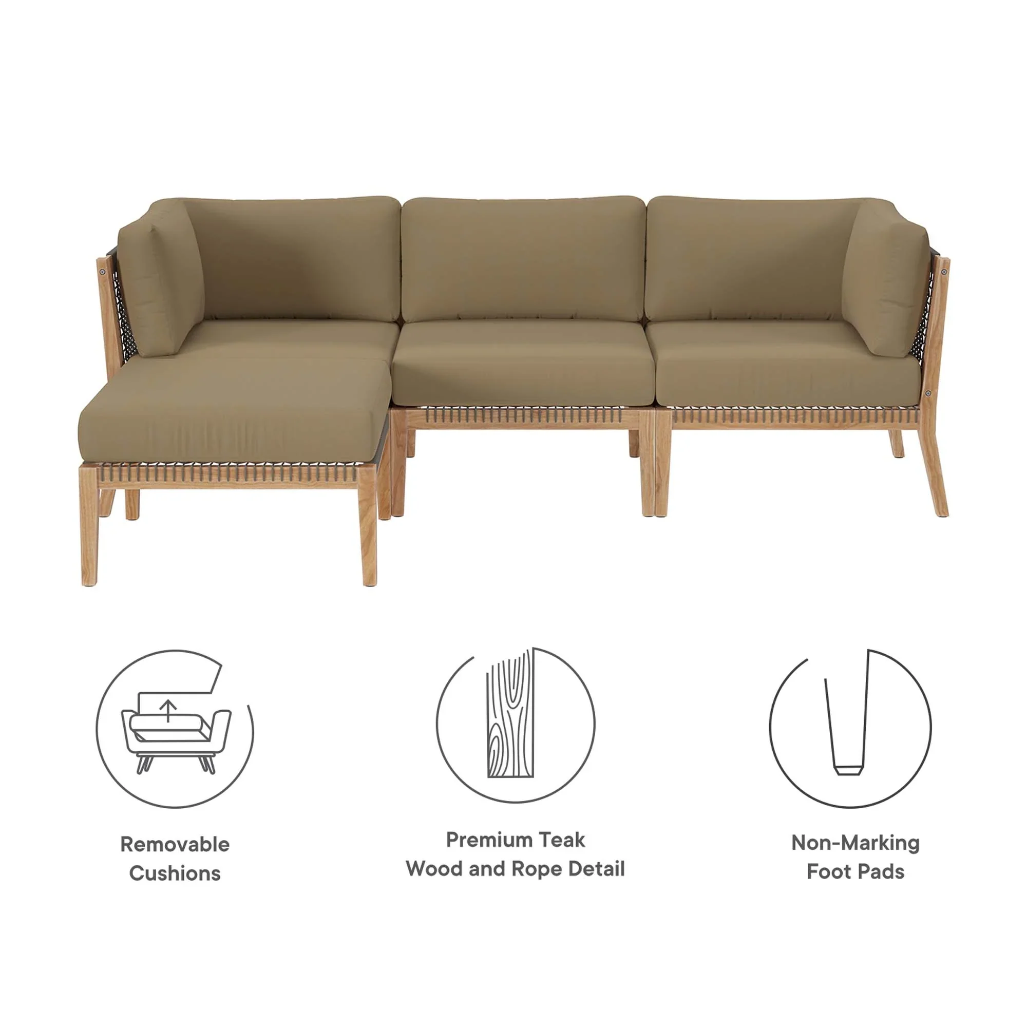 Clearwater 4-Piece Outdoor Patio Teak Wood Sectional Sofa - Image 18