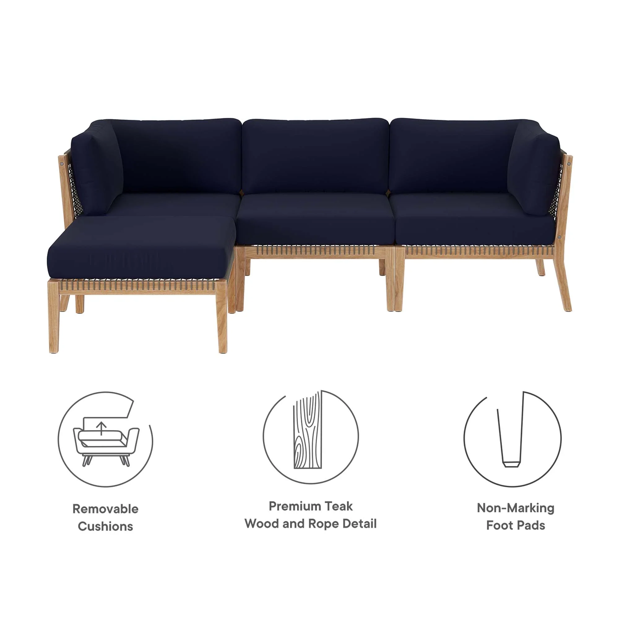 Clearwater 4-Piece Outdoor Patio Teak Wood Sectional Sofa - Image 32