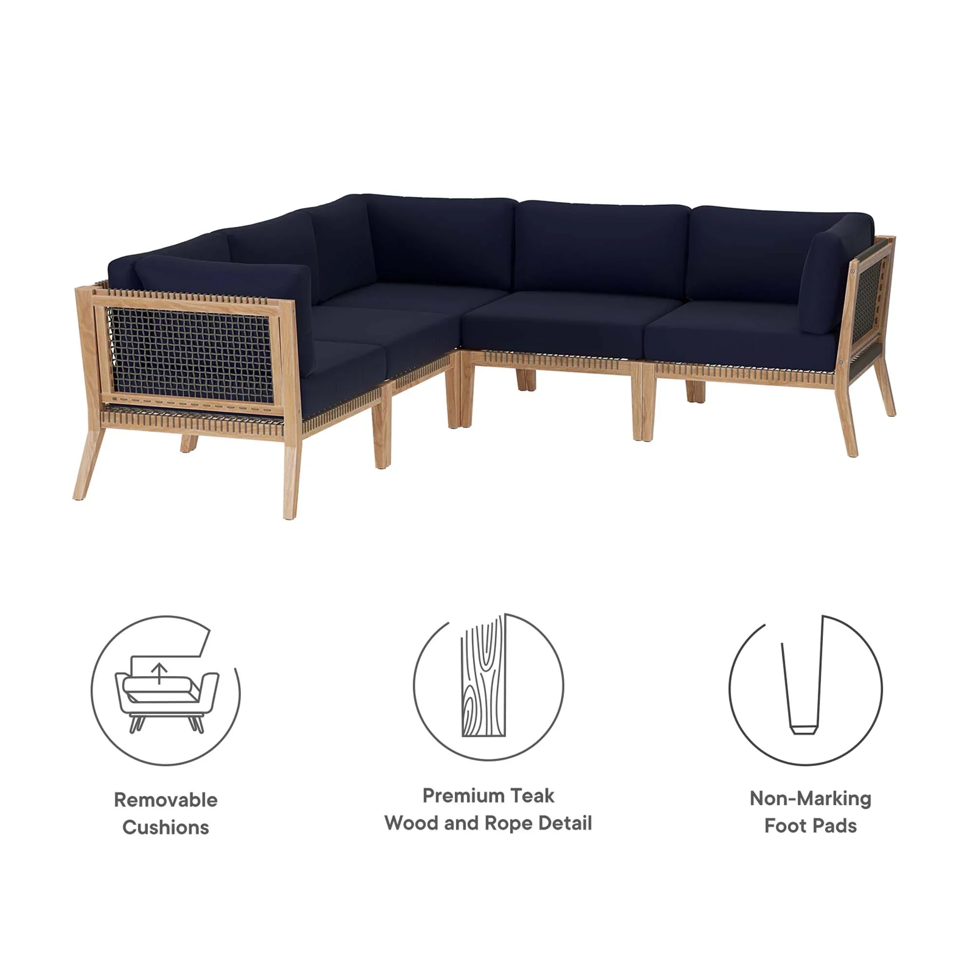 Clearwater 5-Piece Outdoor Patio Teak Wood Sectional Sofa - Image 26