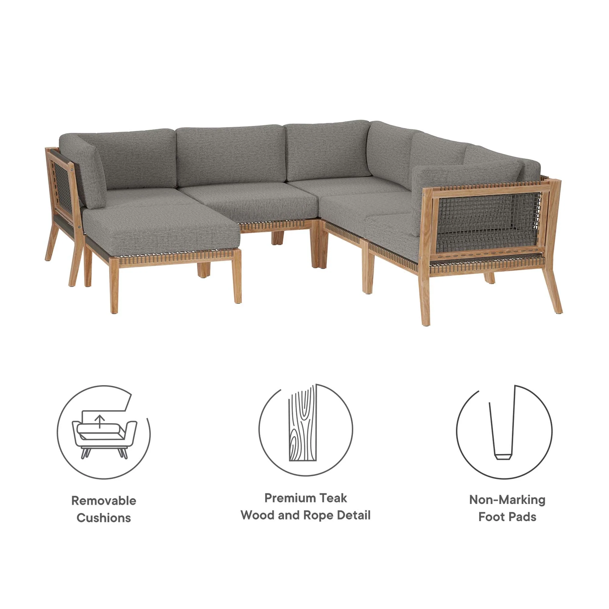Clearwater 6-Piece Outdoor Patio Teak Wood Sectional Sofa - Image 13