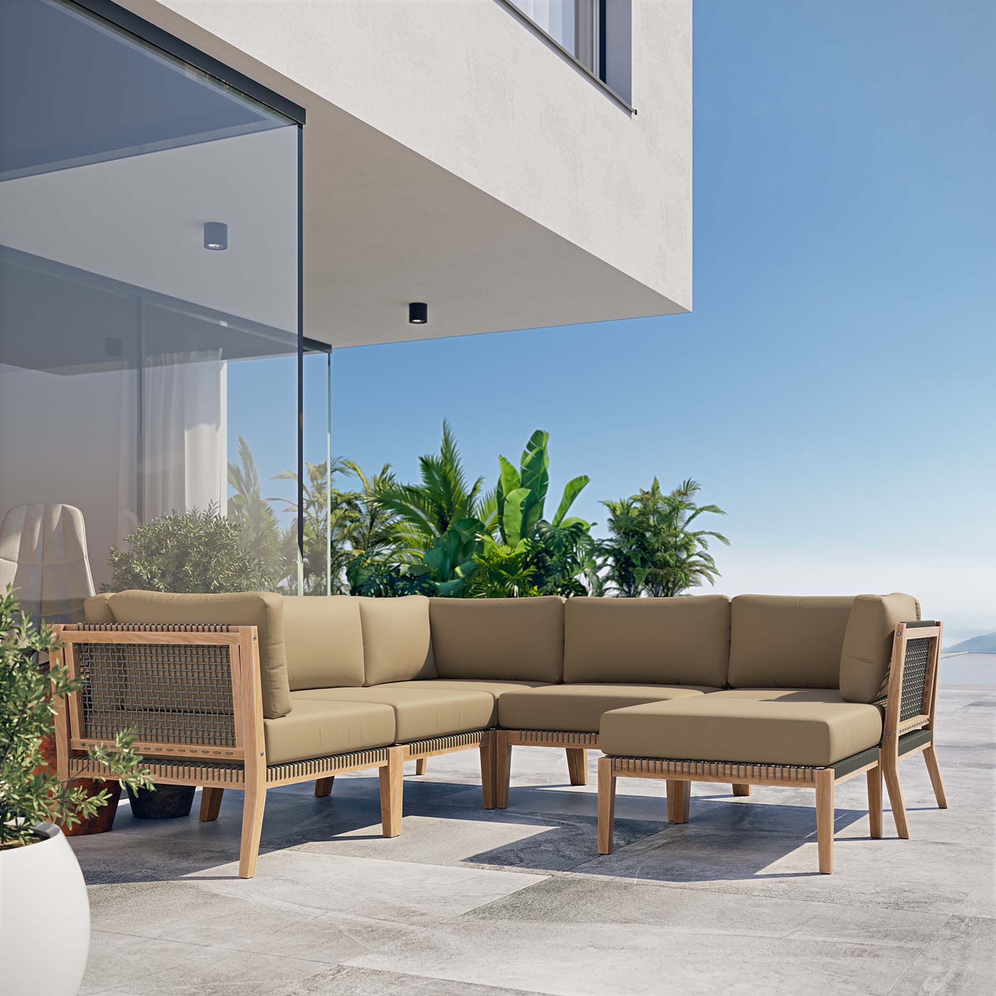 Clearwater 6-Piece Outdoor Patio Teak Wood Sectional Sofa - Image 15