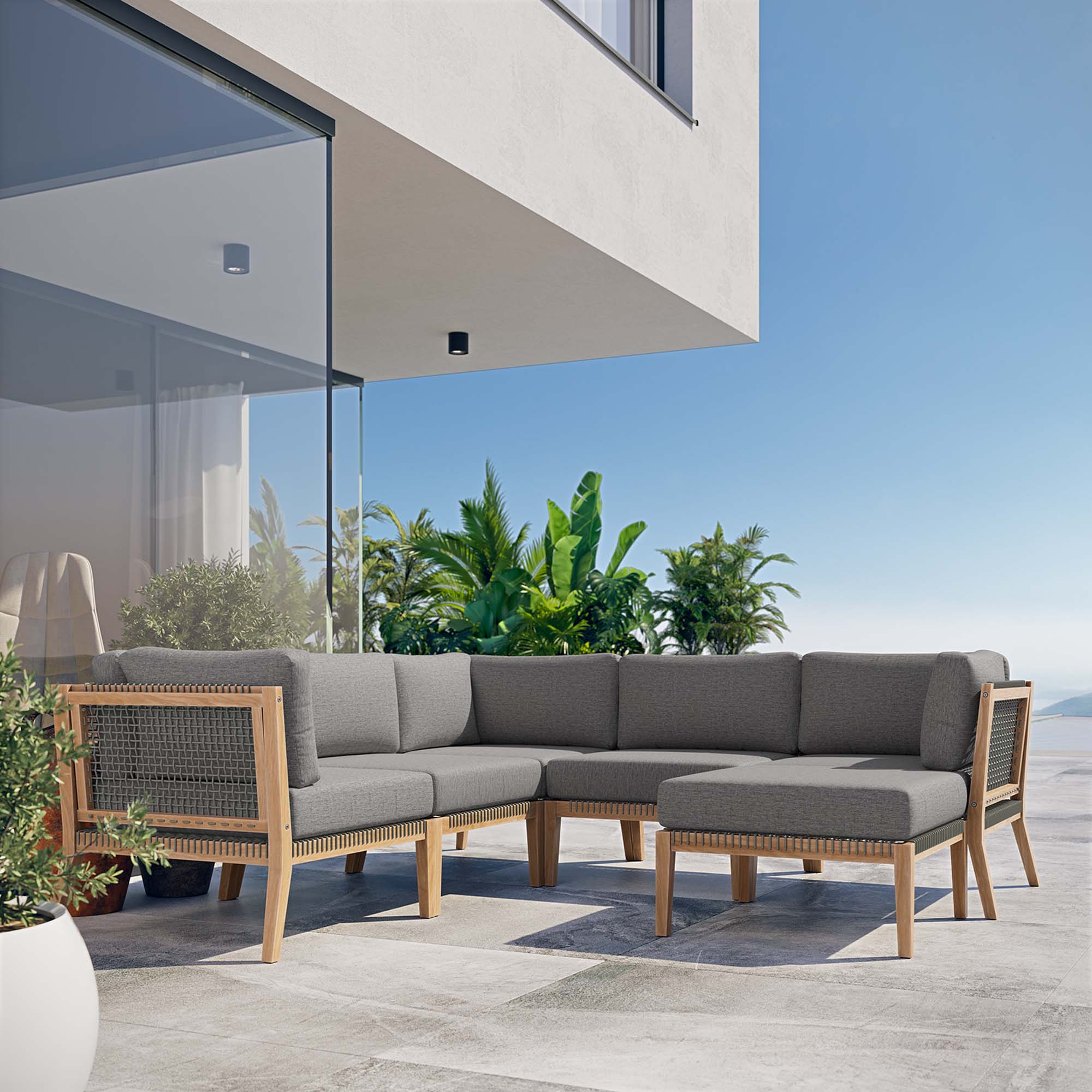 Clearwater 6-Piece Outdoor Patio Teak Wood Sectional Sofa - Image 2