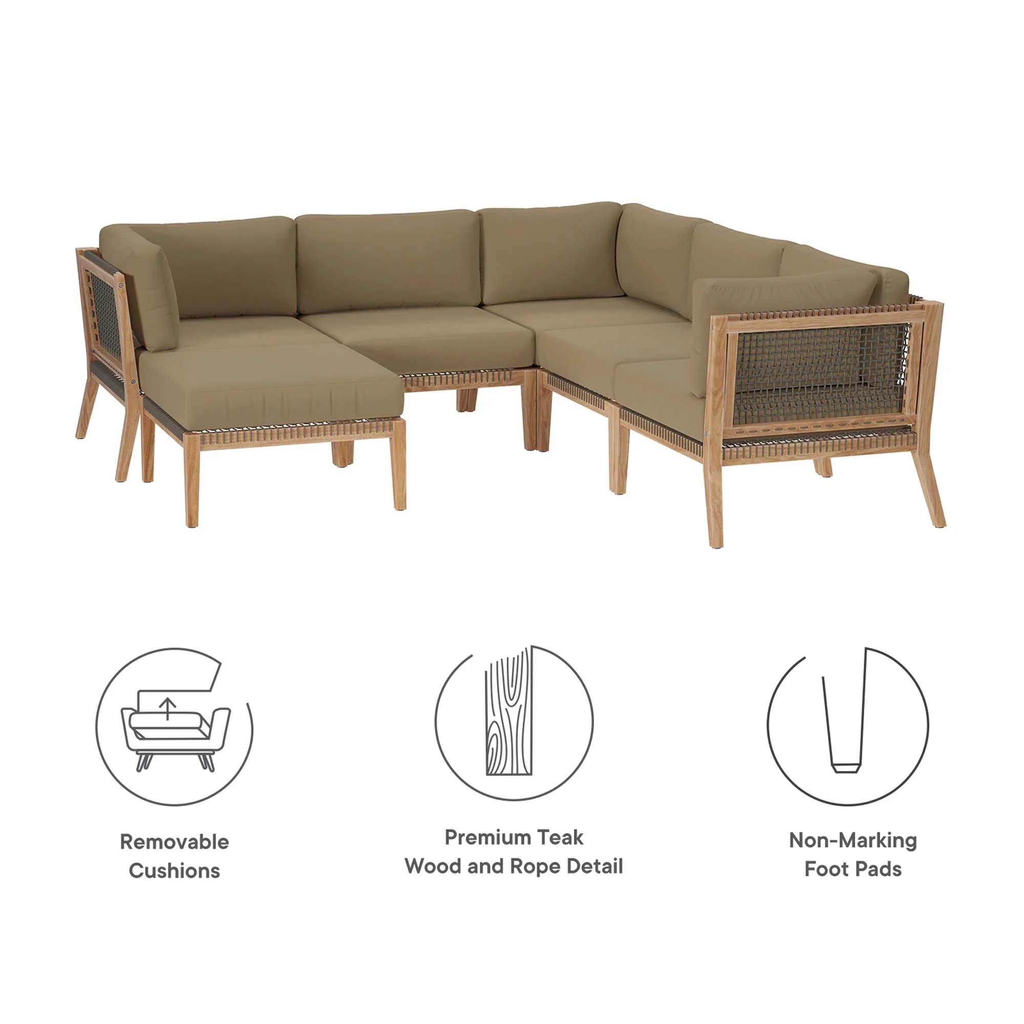 Clearwater 6-Piece Outdoor Patio Teak Wood Sectional Sofa - Image 27