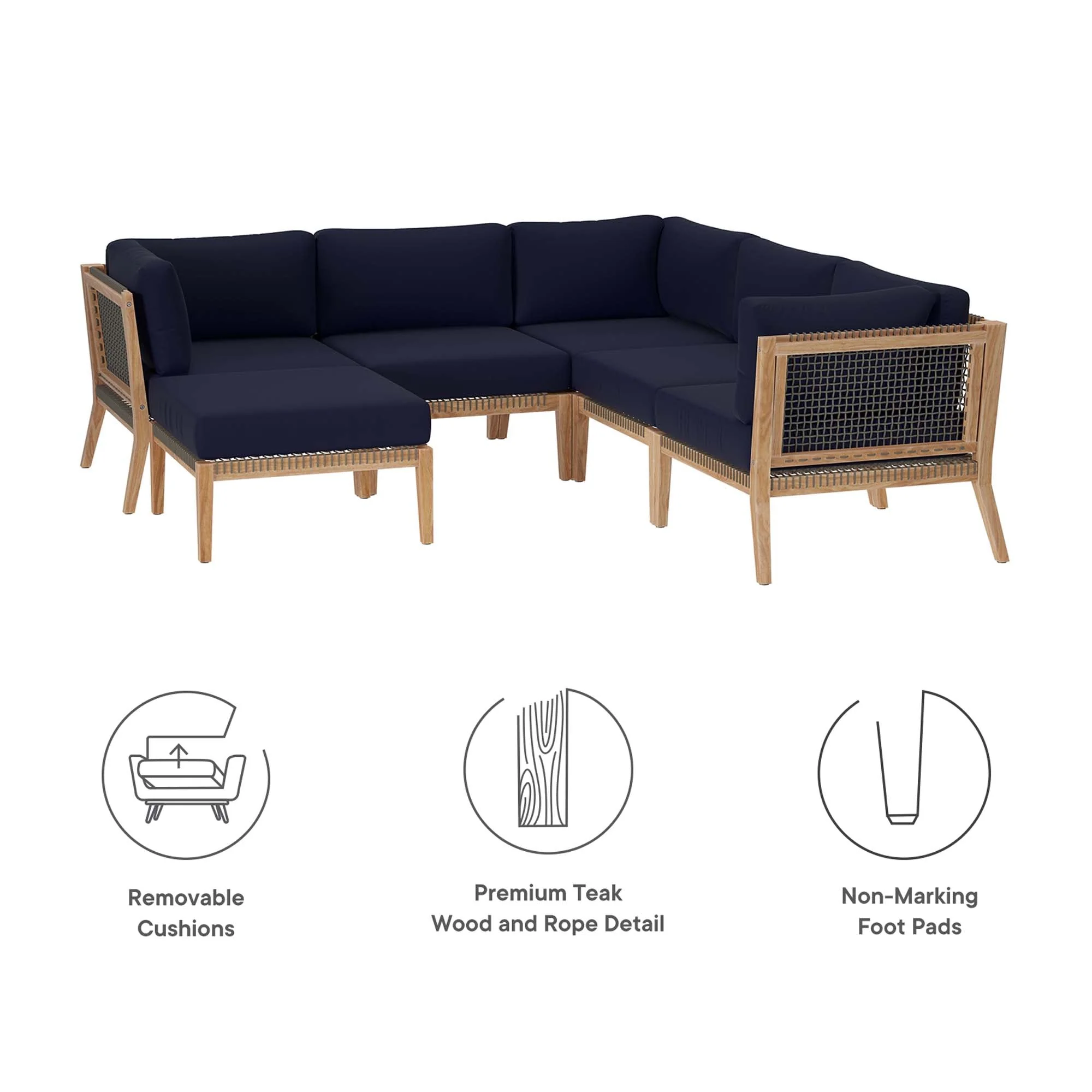 Clearwater 6-Piece Outdoor Patio Teak Wood Sectional Sofa - Image 41