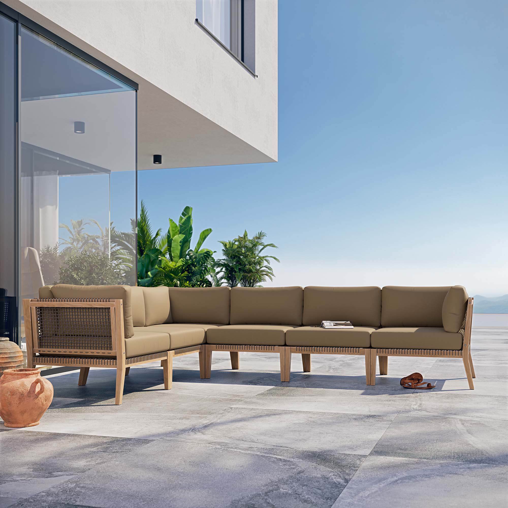 Clearwater 6-Piece Outdoor Patio Teak Wood Sectional Sofa - Image 13