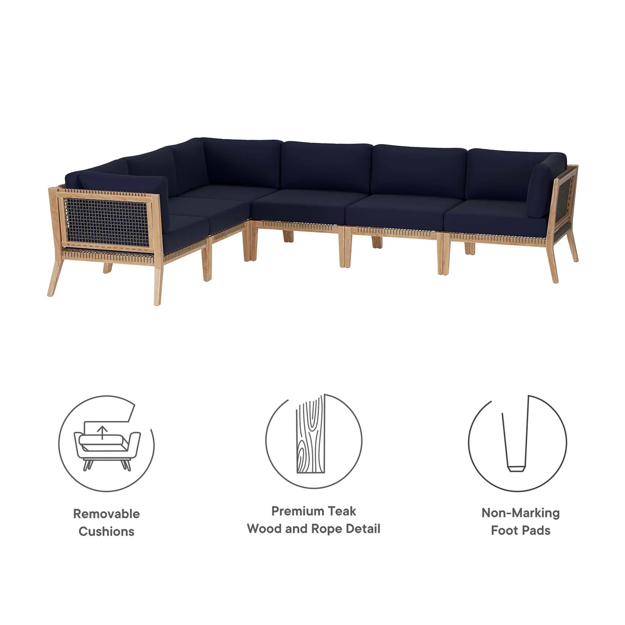 Clearwater 6-Piece Outdoor Patio Teak Wood Sectional Sofa - Image 26