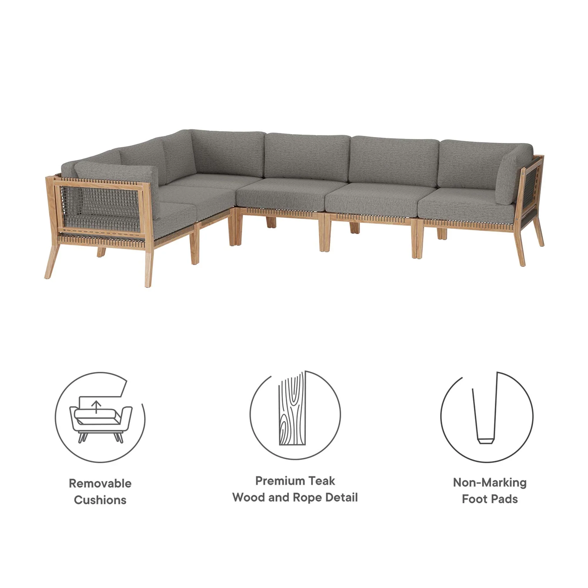 Clearwater 6-Piece Outdoor Patio Teak Wood Sectional Sofa - Image 4