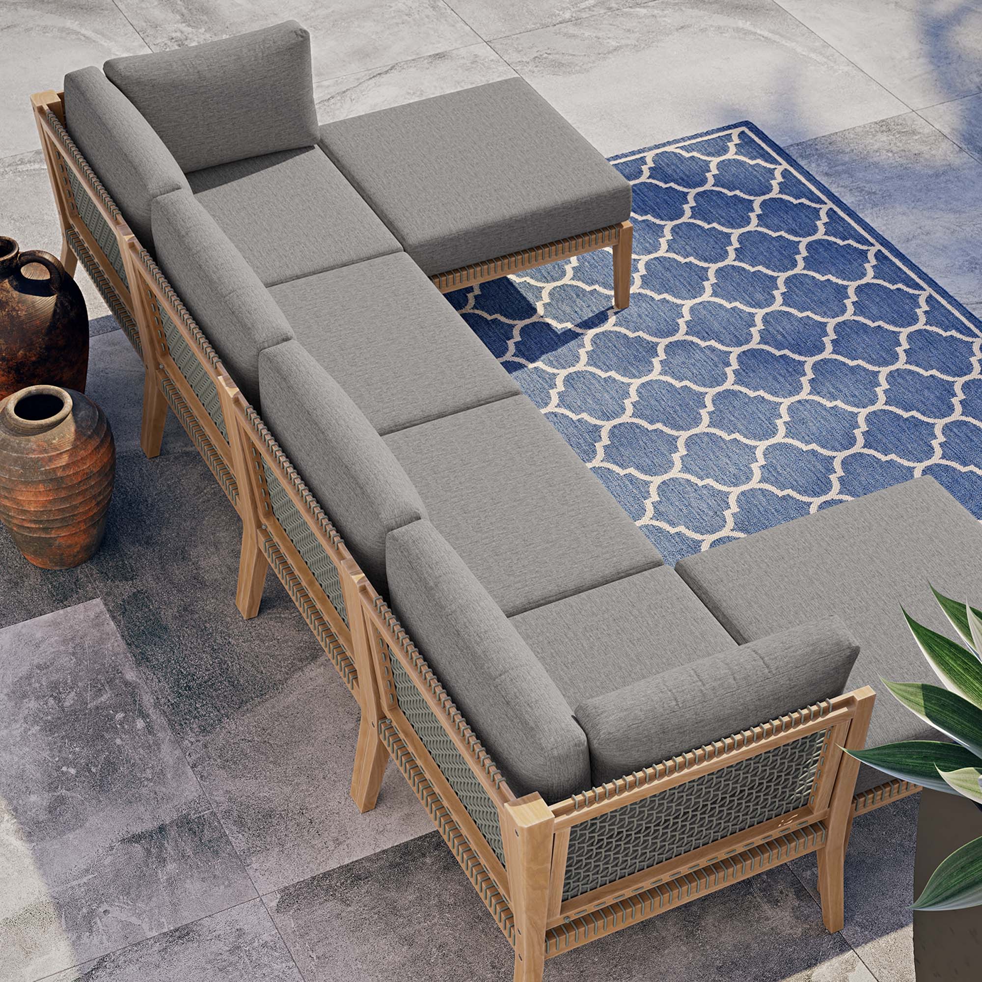 Clearwater 6-Piece Outdoor Patio Teak Wood Sectional Sofa - Image 3