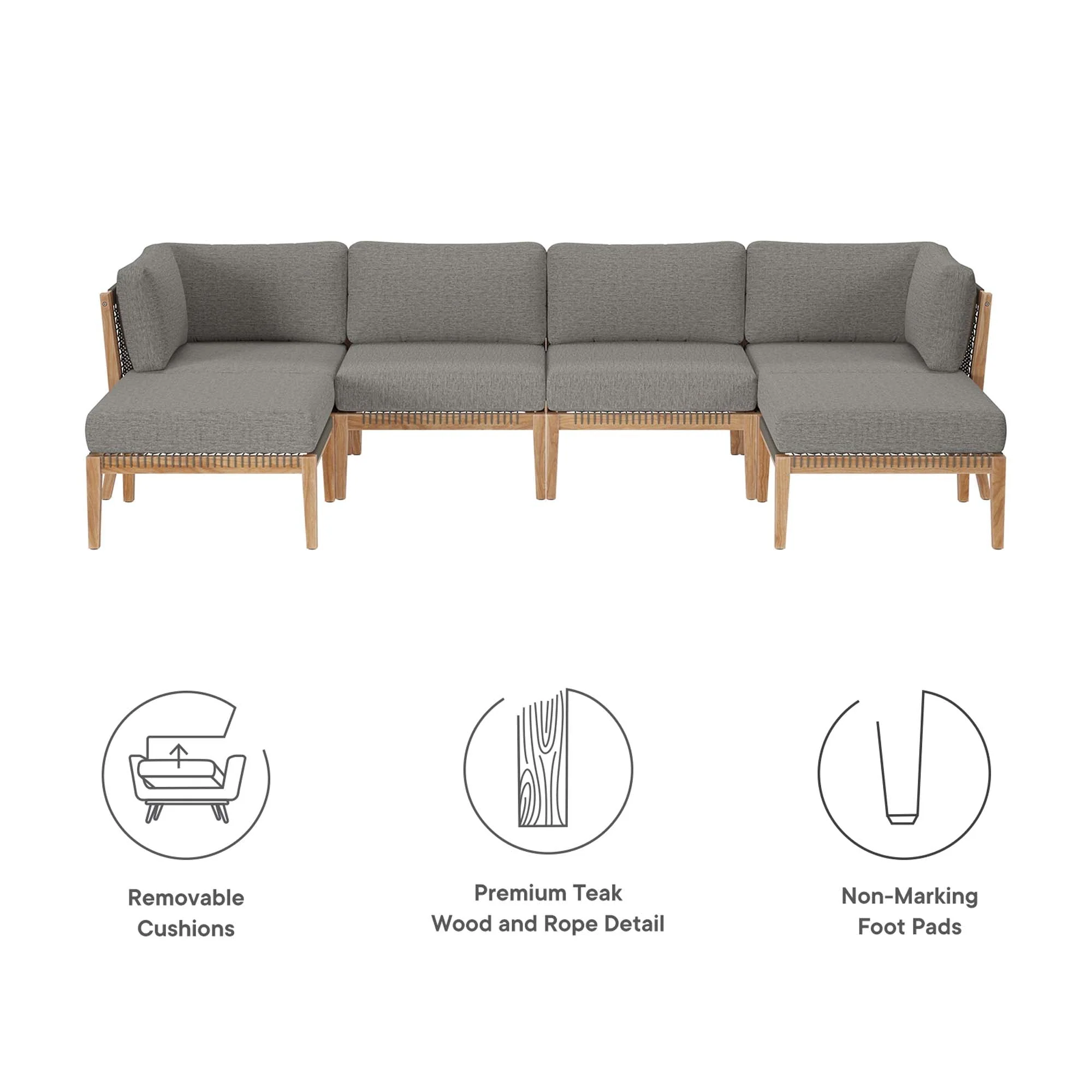 Clearwater 6-Piece Outdoor Patio Teak Wood Sectional Sofa - Image 4