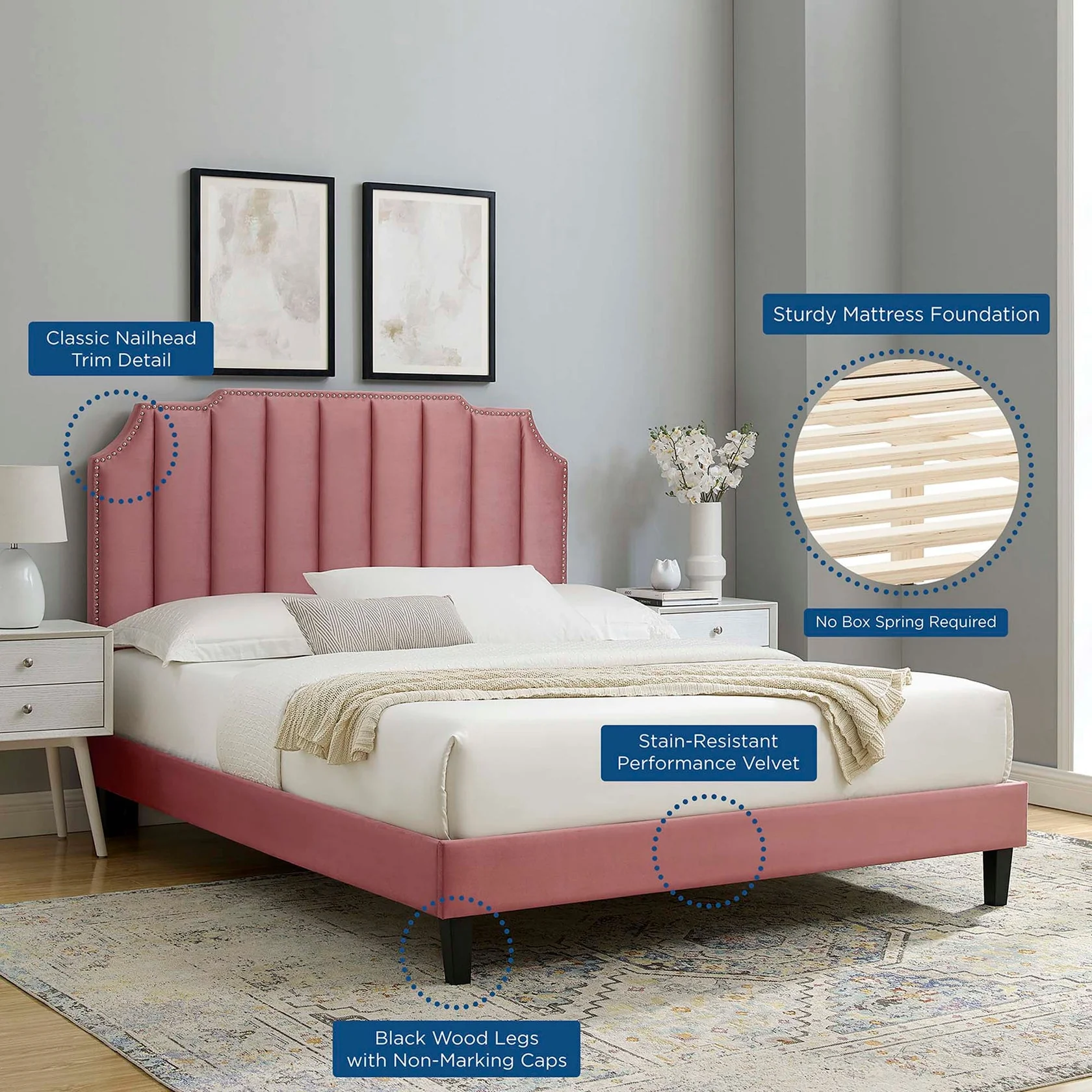 Colette Performance Velvet Platform Bed With Black Wood Legs - Image 17