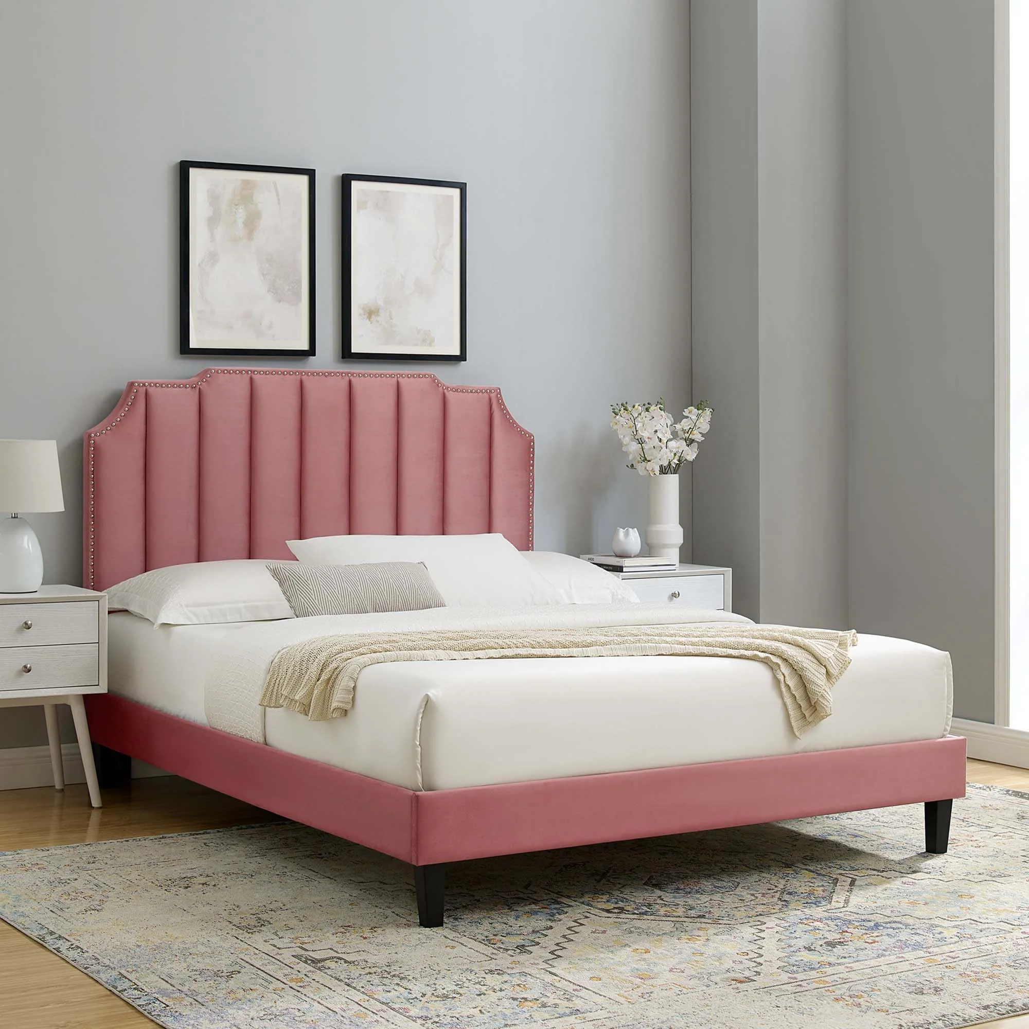 Colette Performance Velvet Platform Bed With Black Wood Legs - Image 18