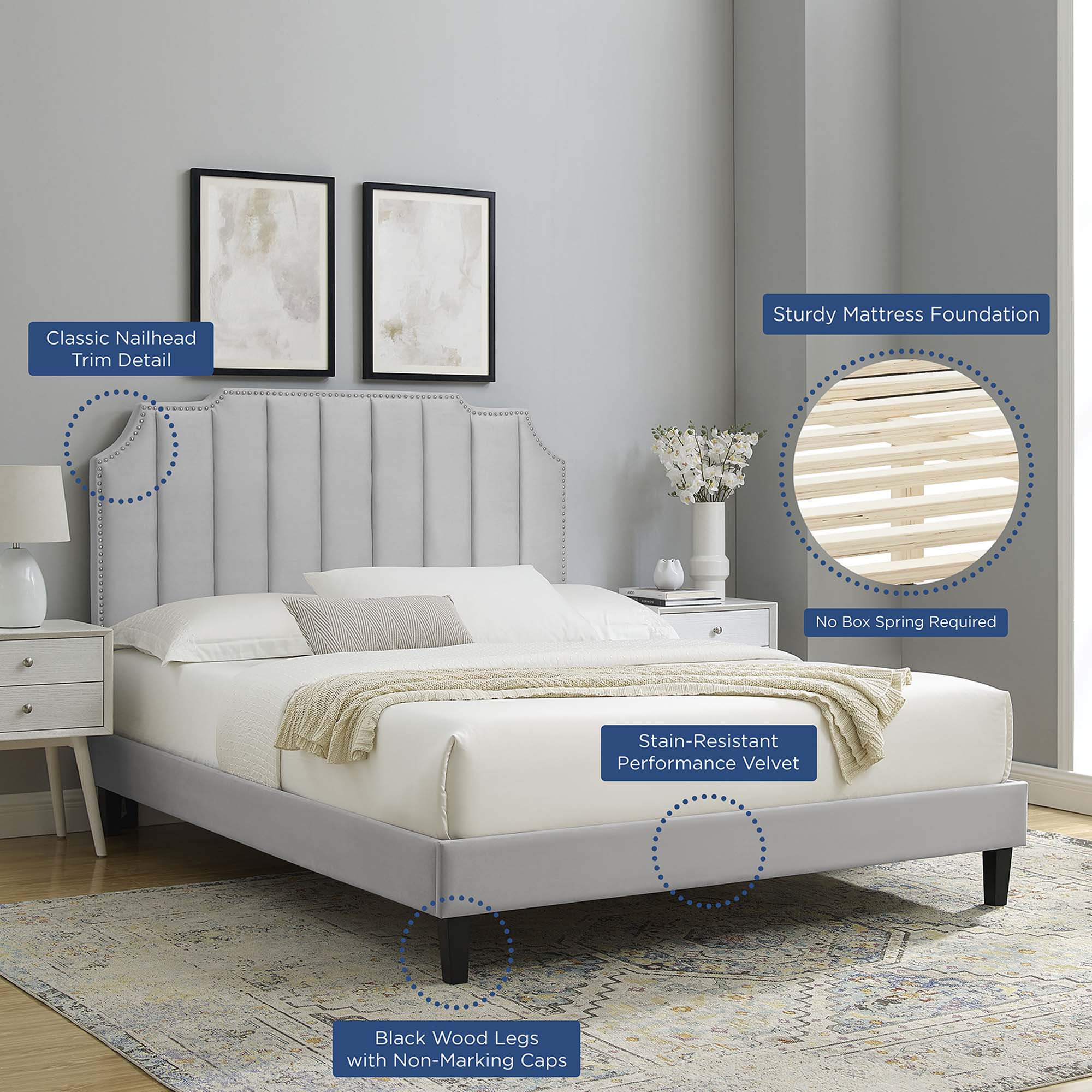 Colette Performance Velvet Platform Bed With Black Wood Legs - Image 35