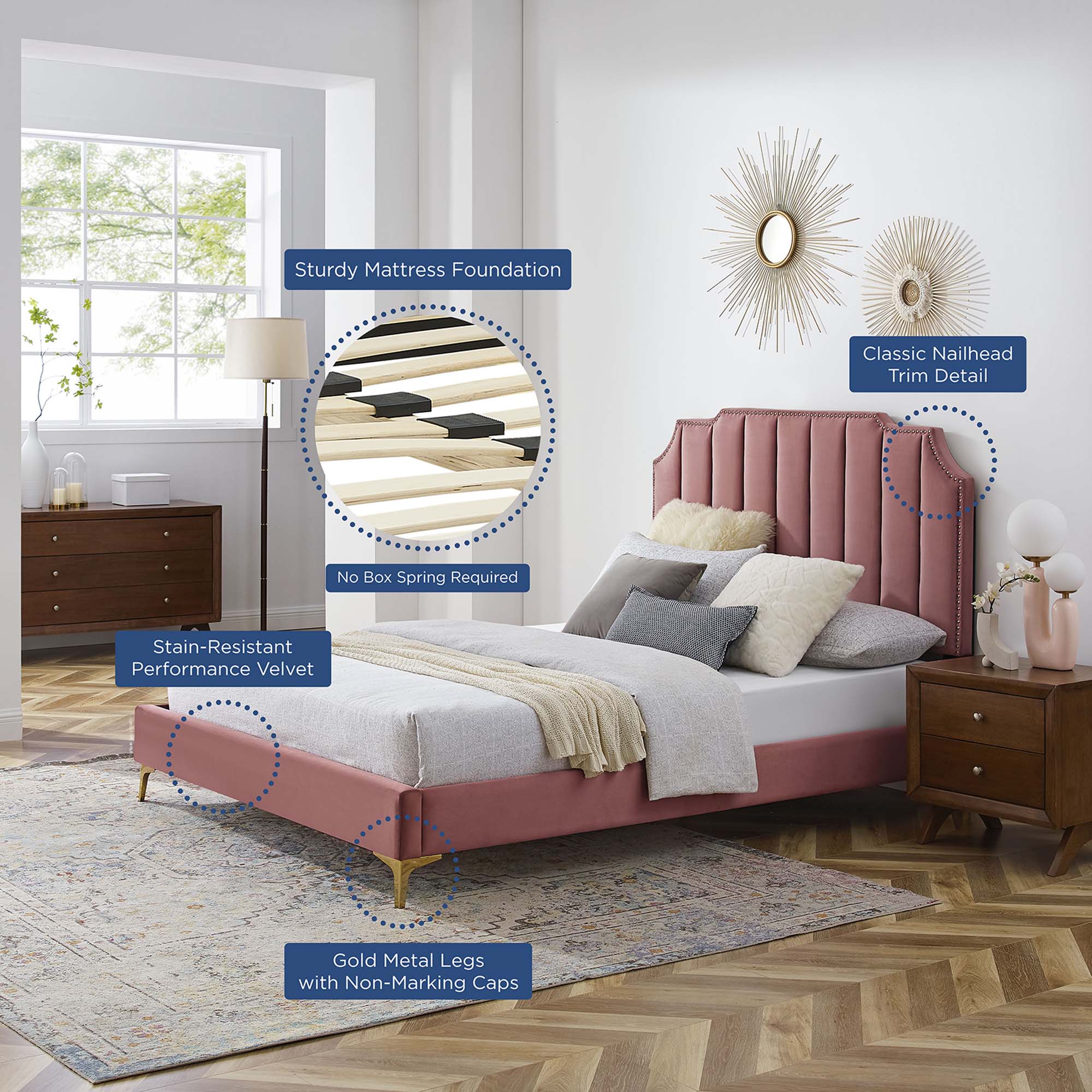 Colette Performance Velvet Platform Bed With Gold Metal Legs - Image 17