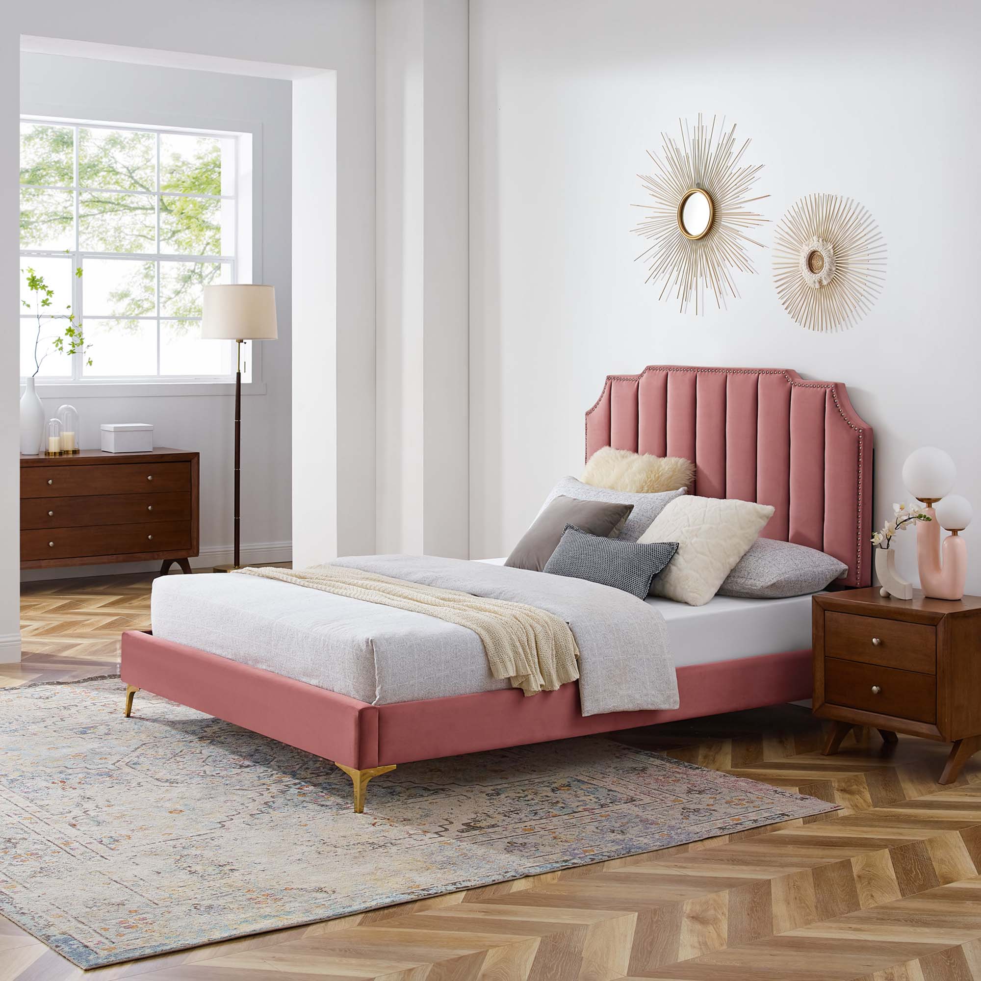 Colette Performance Velvet Platform Bed With Gold Metal Legs - Image 18