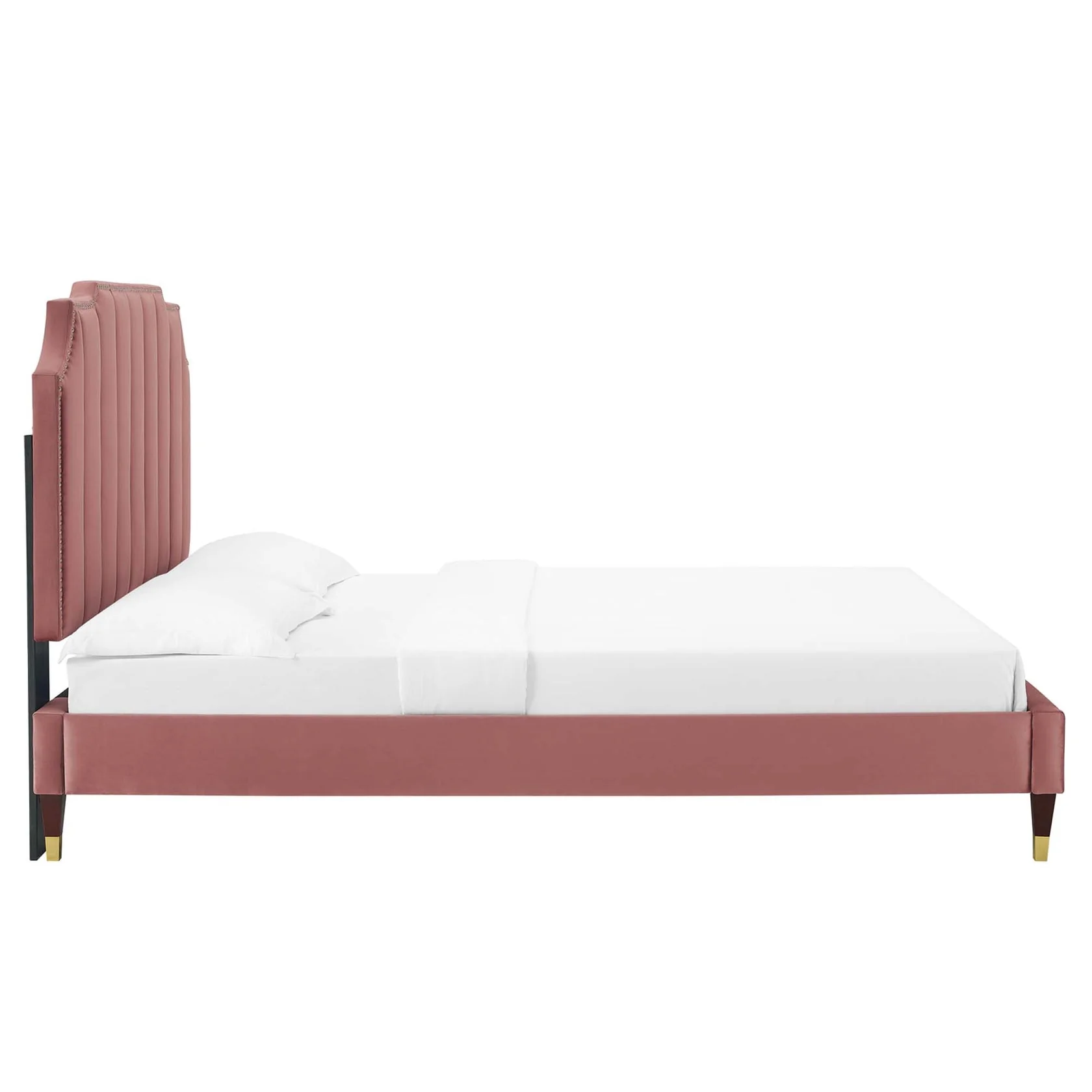 Colette Performance Velvet Platform Bed With Wood and Gold Legs - Image 3