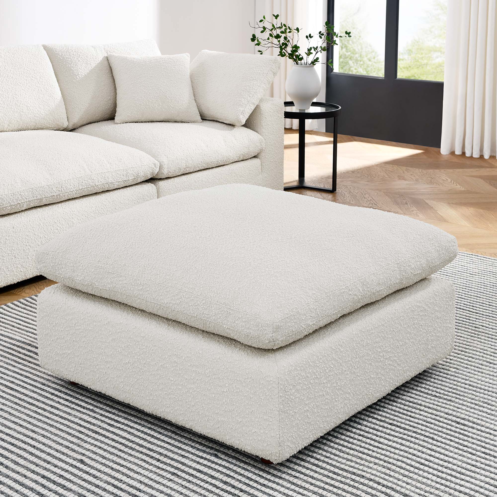 Commix Down Filled Overstuffed Boucle Fabric Ottoman - Image 2