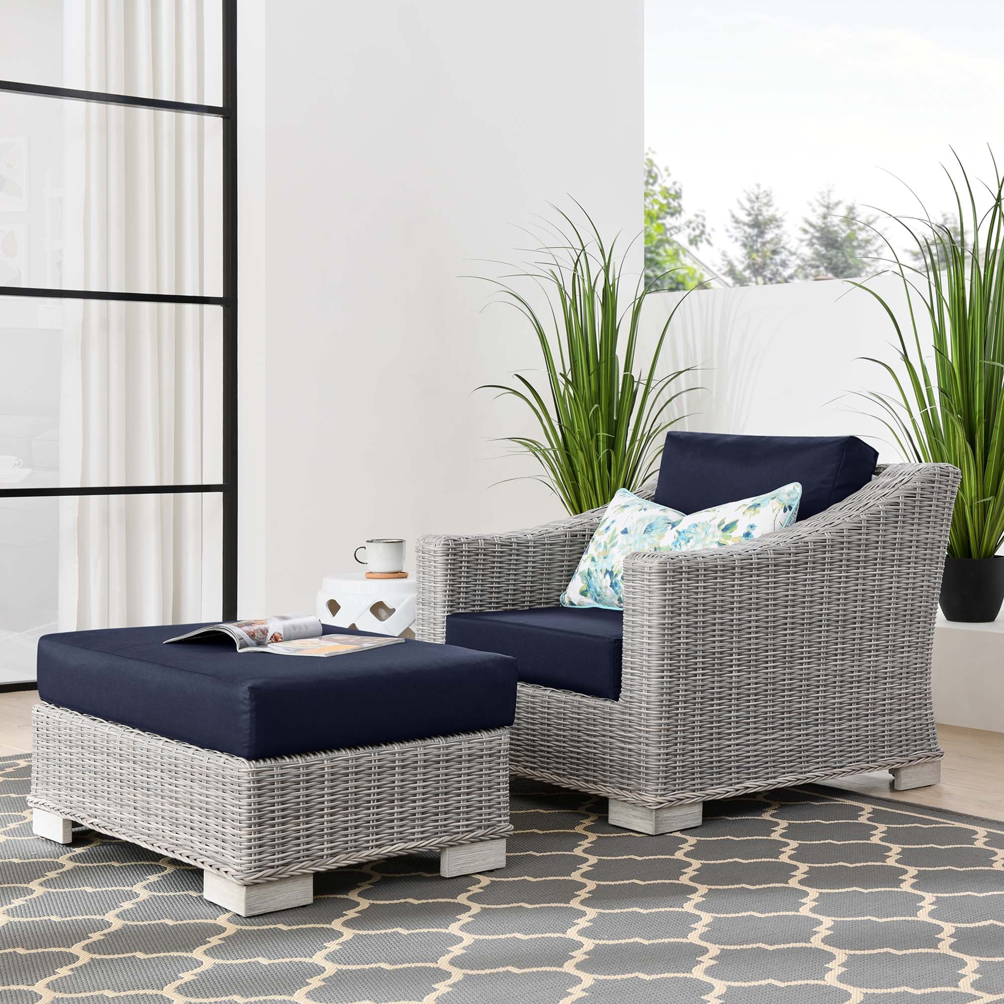 Conway 2-Piece Outdoor Patio Wicker Rattan Armchair and Ottoman Set - Image 14